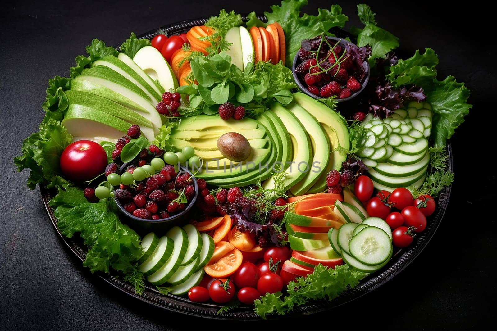 Assorted fresh vegetables artfully arranged on a platter showcasing a variety of colors and shapes