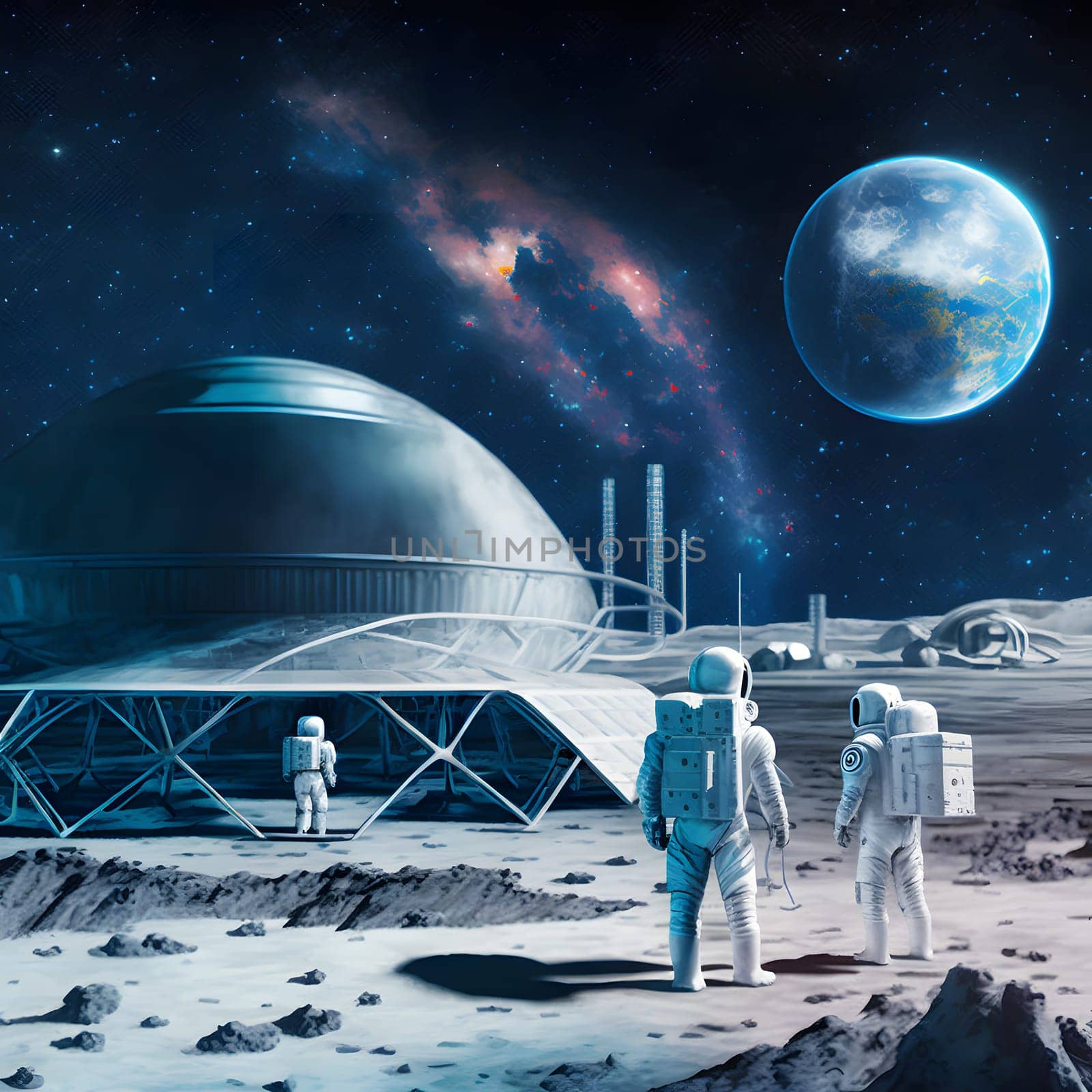 three austronauts in white space suits on moon surface with geodesic dome base in the background, neural network generated art by z1b