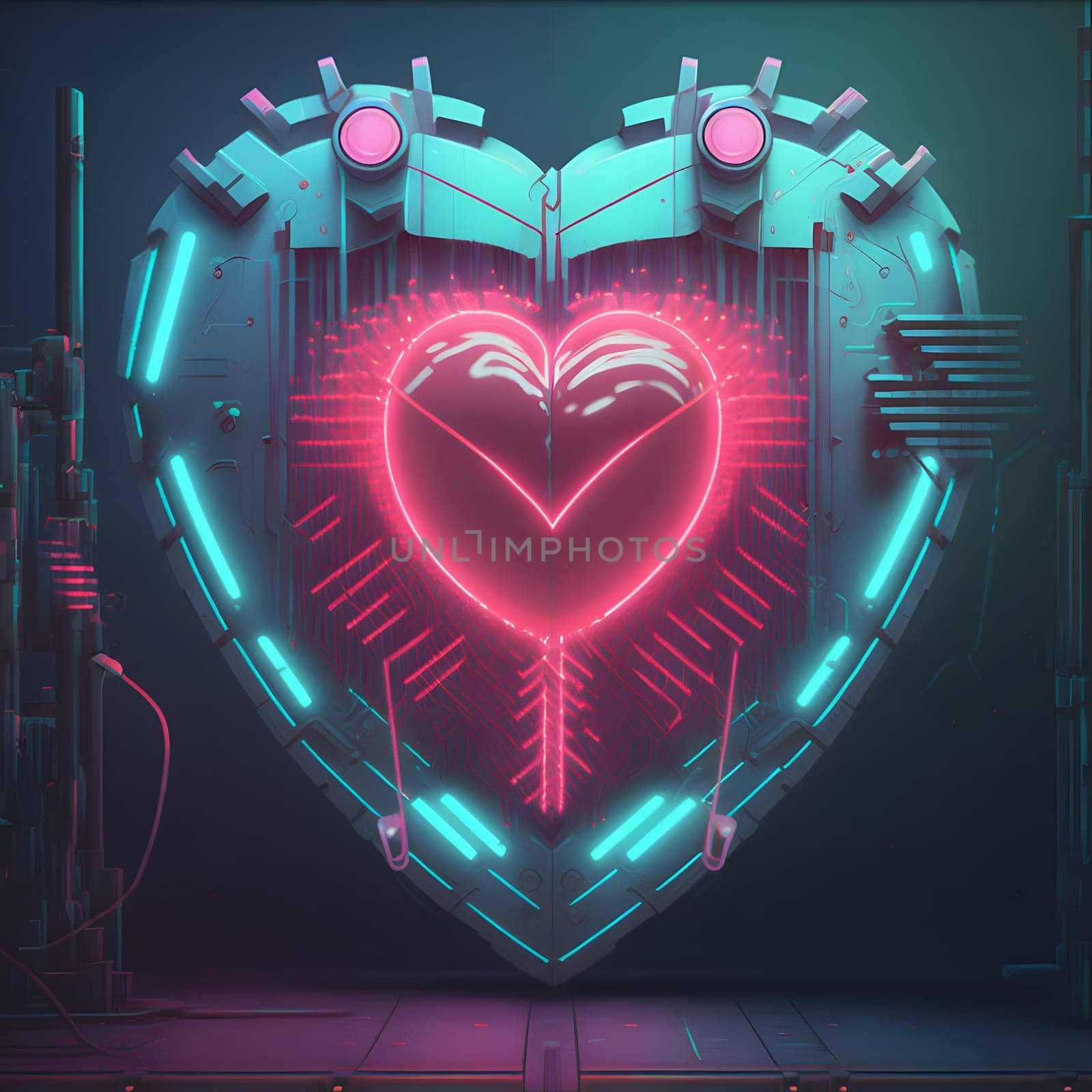 cyberpunk high-tech neon glowing heart, cyber valentines day concept, neural network generated art. Digitally generated image. Not based on any actual scene or pattern.