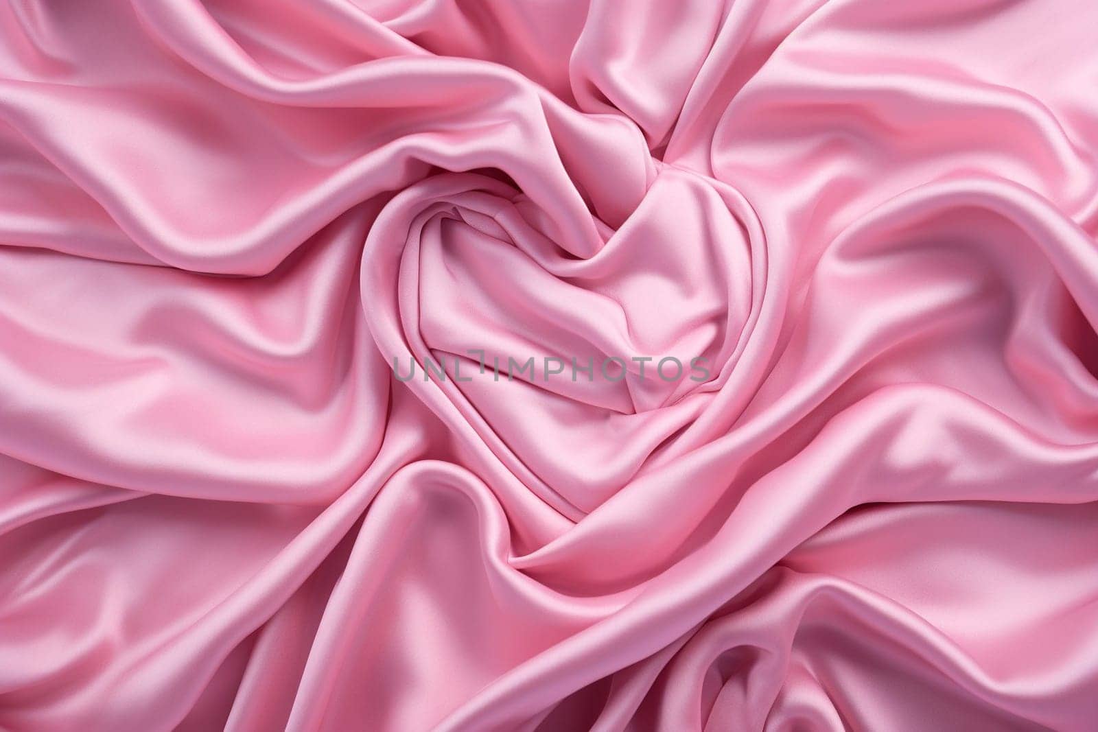 Valentines day pink silk in the form of heart, Flatlay style background with minimalistic design. Template for banner or party invitation. Generative AI.