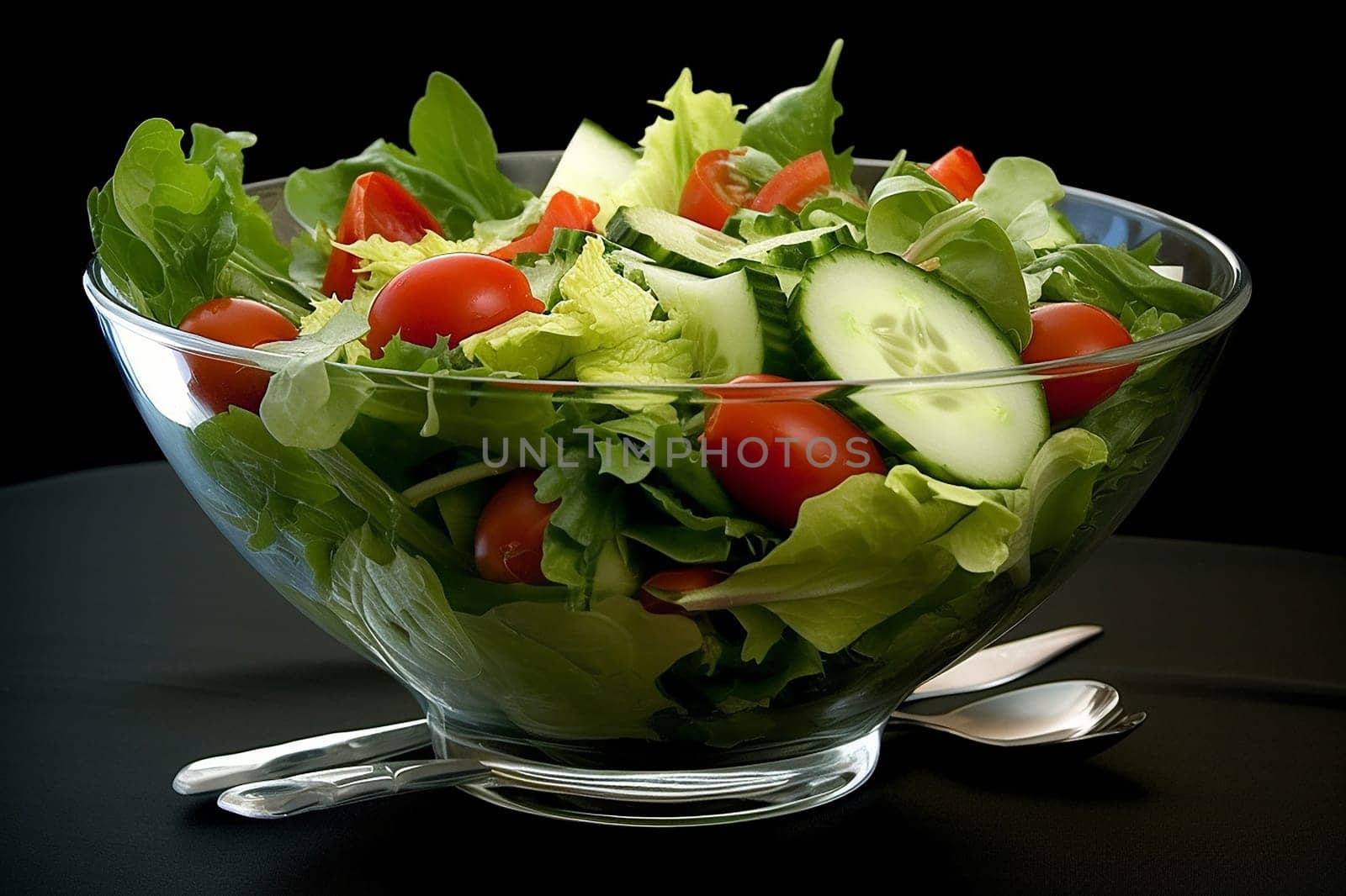 Fresh vegetable salad in a clear bowl on black background