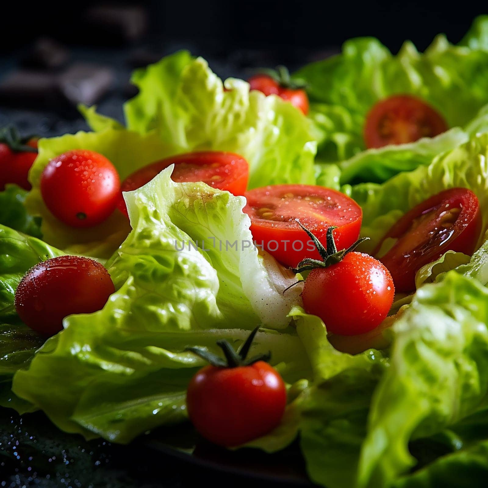 Fresh salad with ripe tomatoes and crisp lettuce on dark background