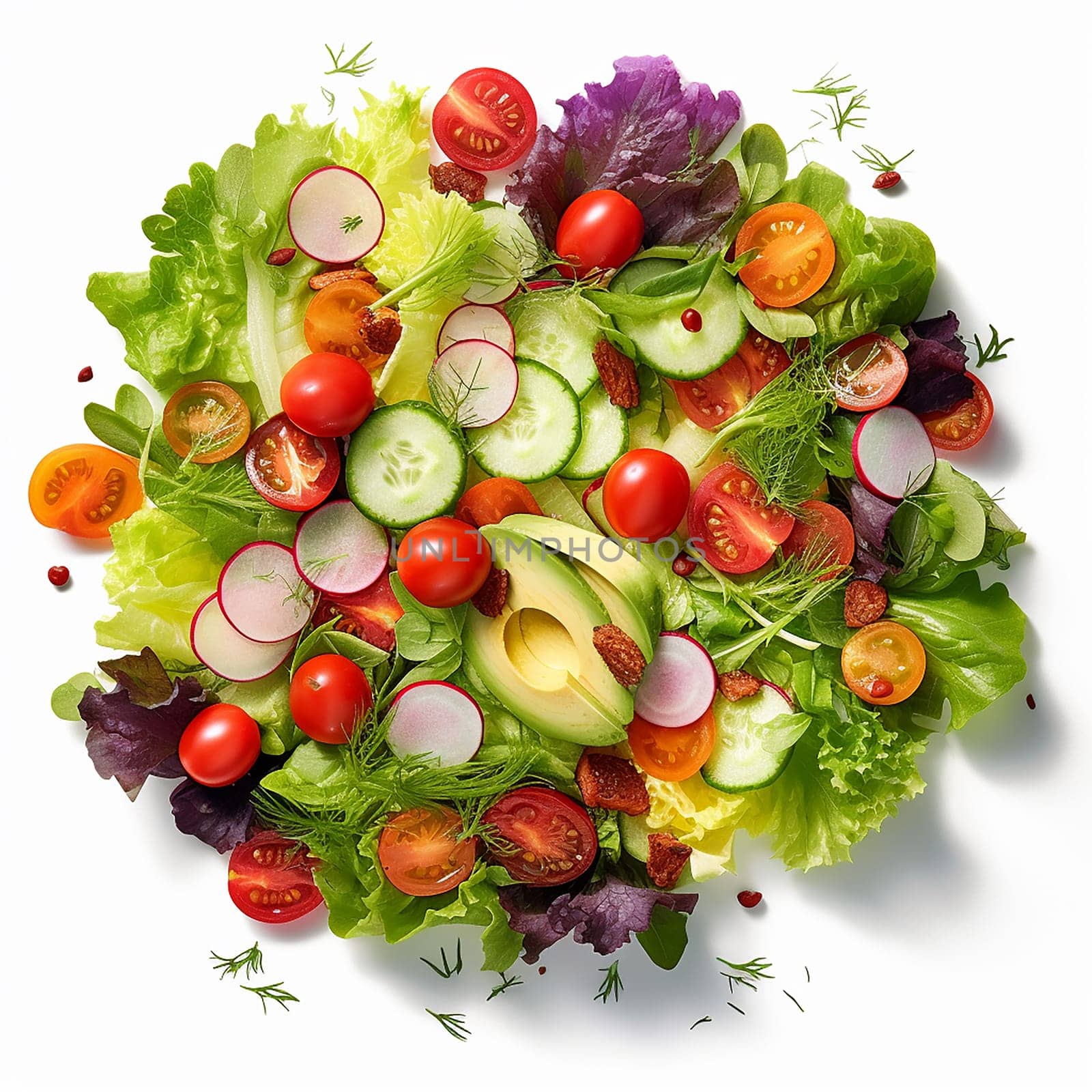 Fresh vegetable salad with tomatoes, cucumbers, and avocados.