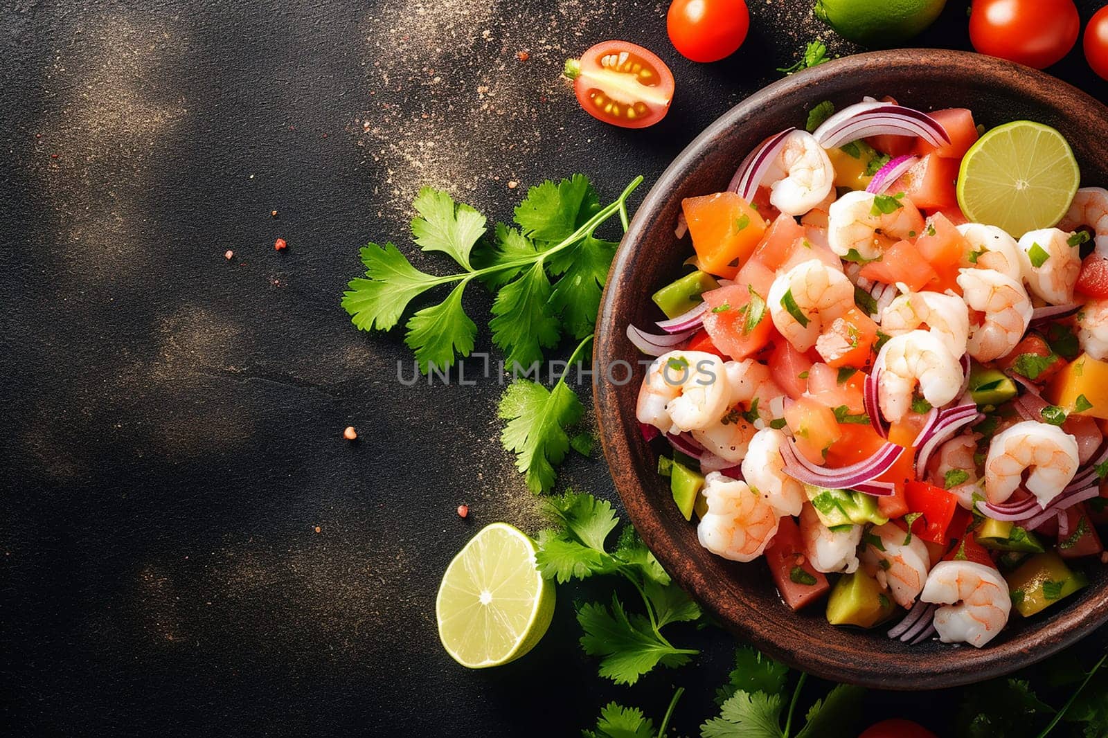 Fresh shrimp salad with tomatoes, onions, and cilantro on a dark background.