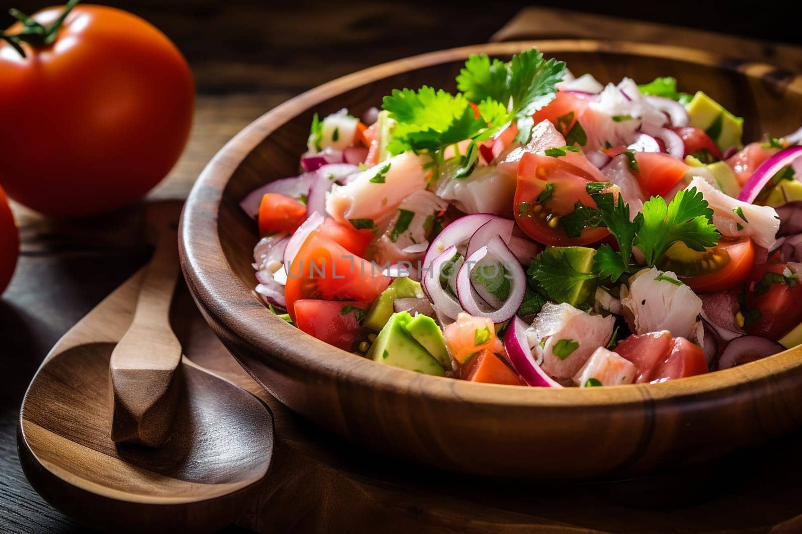 Fresh vegetable salad in a wooden bowl