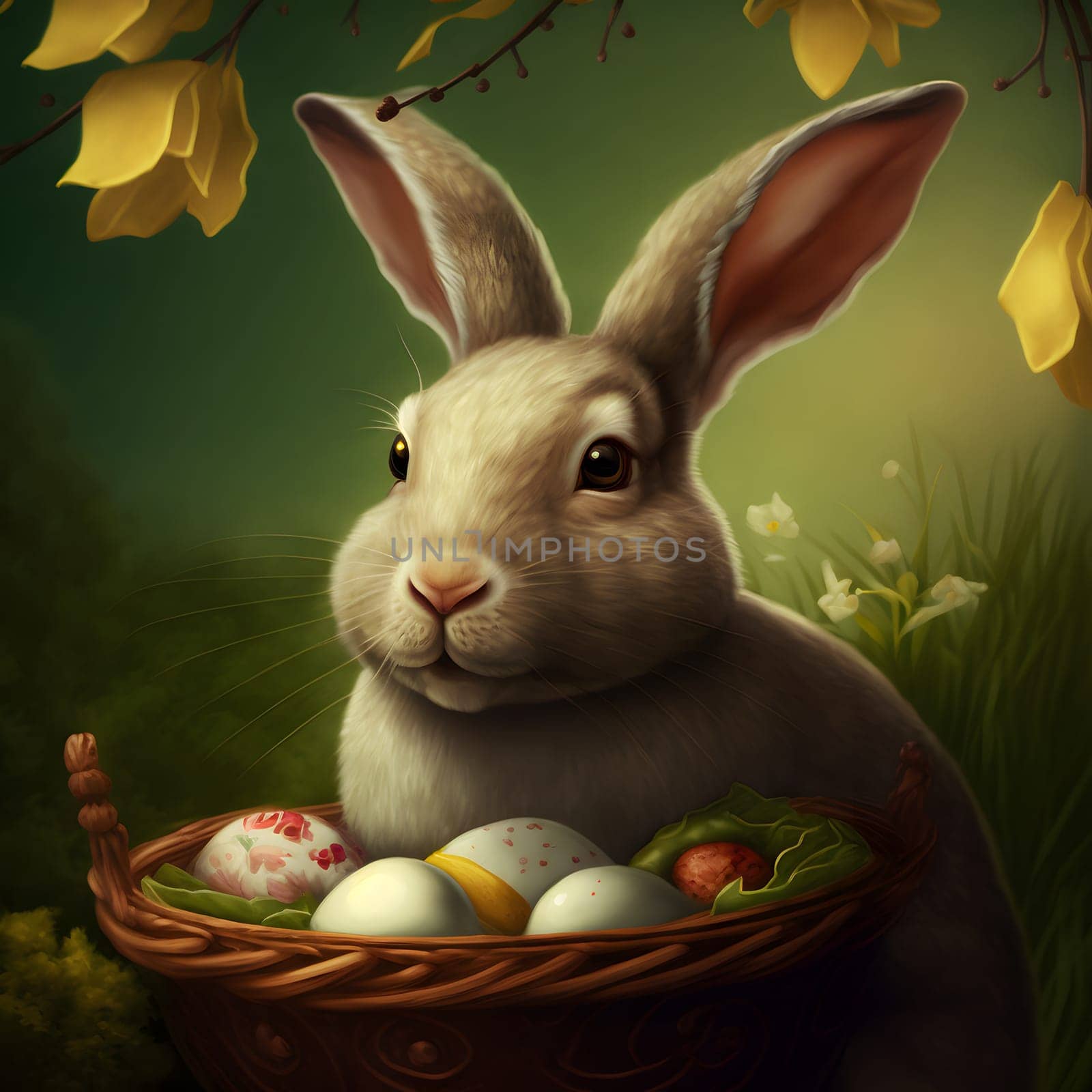 easter rabbit with basket with eggs, neural network generated art by z1b