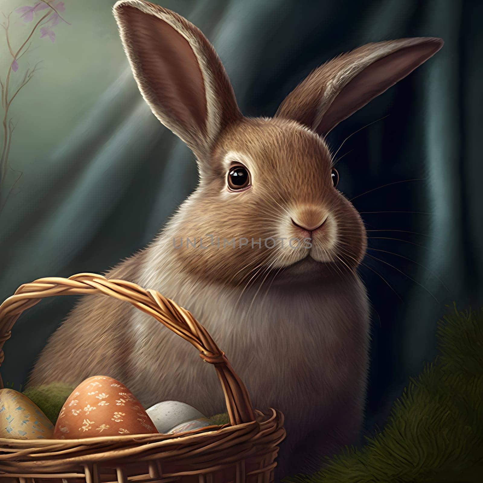 easter rabbit with basket with eggs, neural network generated art by z1b