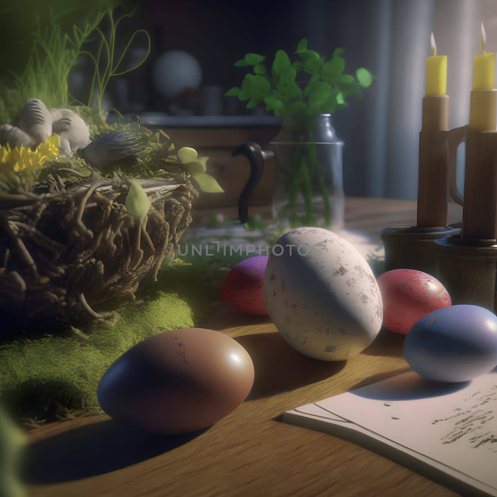 easter eggs on table with paper, candles and glass jar with green branches, neural network generated art. Digitally generated image. Not based on any actual scene or pattern.