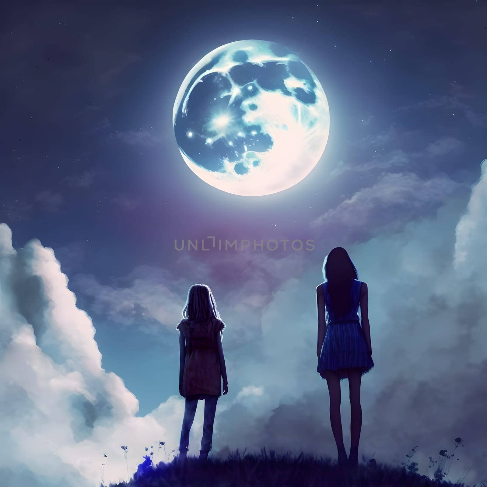 two girls looking up at the Moon in night sky, neural network generated art by z1b