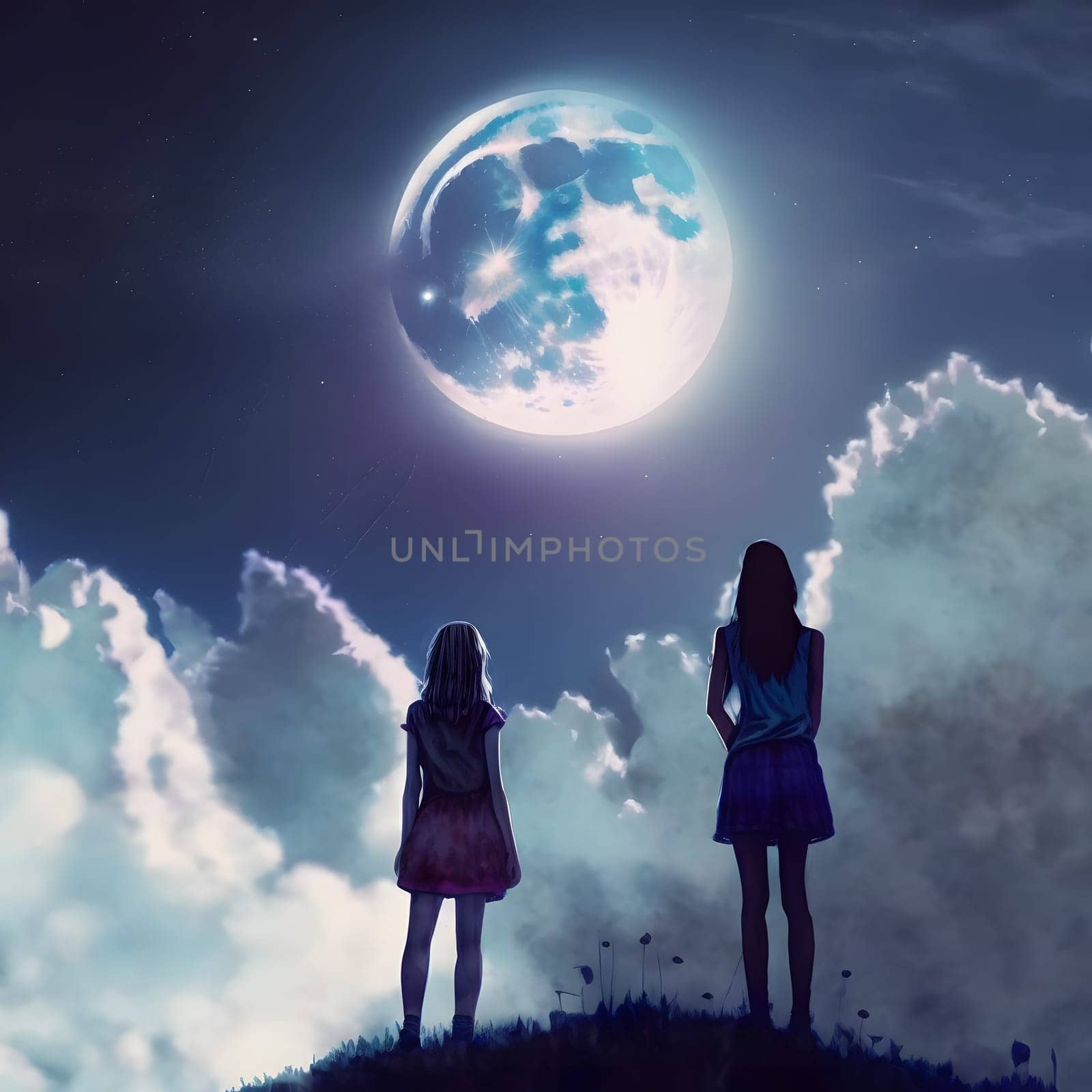 two girls looking up at the Moon in night sky, rear view, neural network generated art. Digitally generated image. Not based on any actual scene or pattern.
