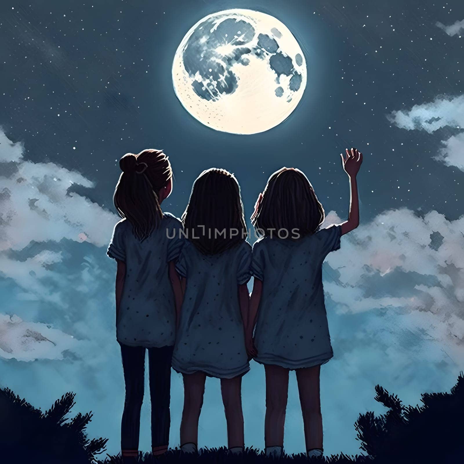 three young girls looking up at the Moon in night sky, neural network generated art by z1b