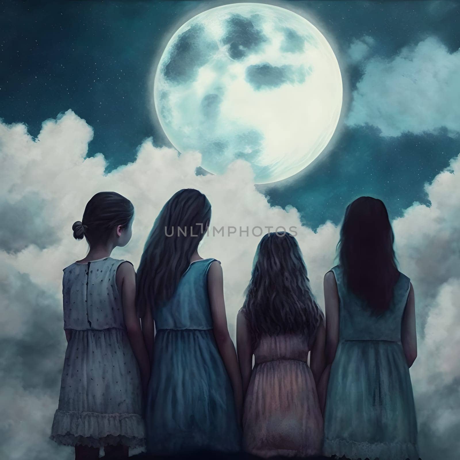 four girls looking up at the Moon in night sky, rear view, neural network generated art. Digitally generated image. Not based on any actual scene or pattern.