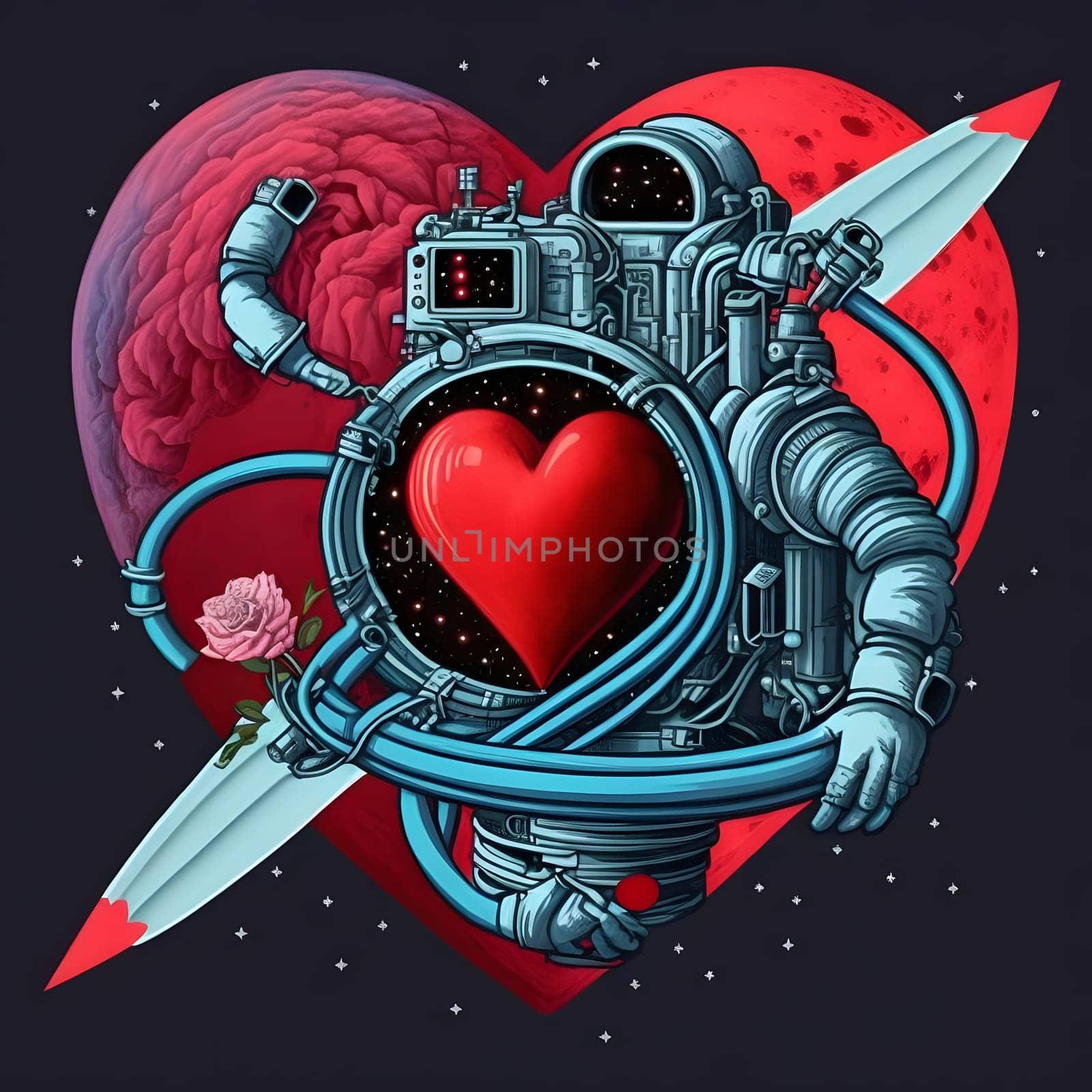 bizarre nasa style valentines day logo, neural network generated art. Digitally generated image. Not based on any actual scene or pattern.