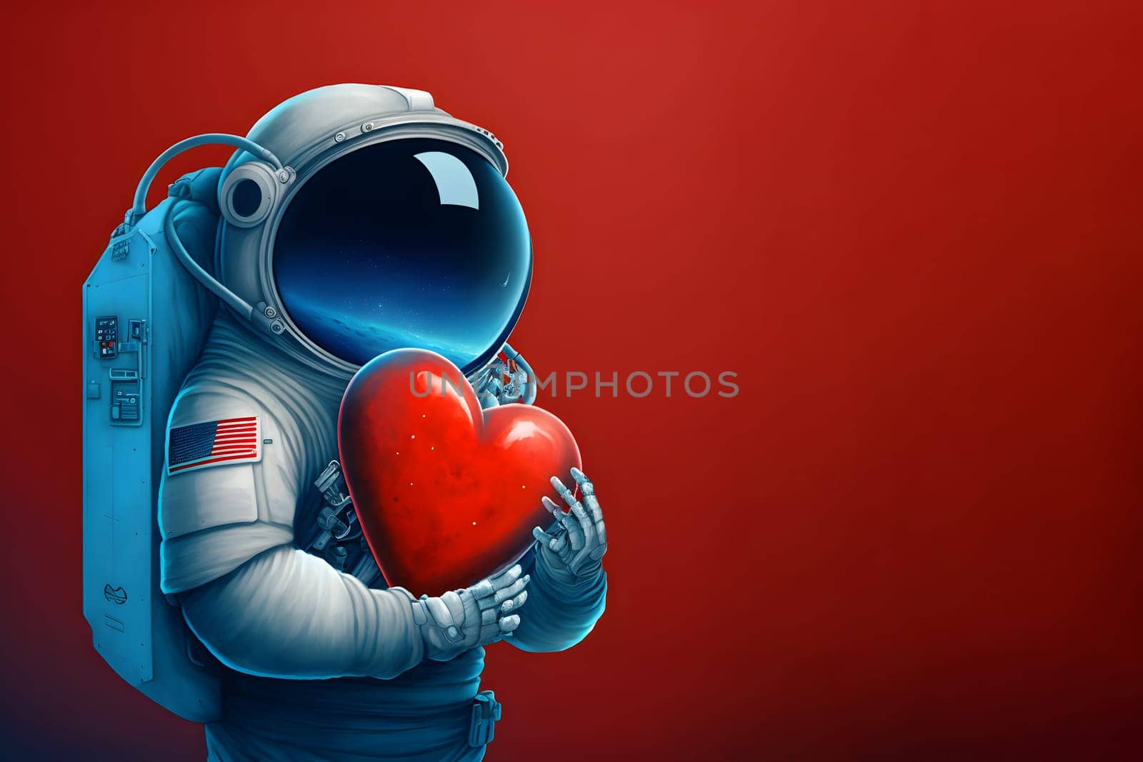 cosmonaut in space suit holding red heart, neural network generated art by z1b