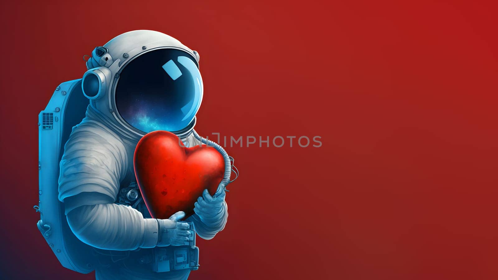 cosmonaut in space suit holding unknown red heart-shaped object, neural network generated art. Digitally generated image. Not based on any actual scene or pattern.