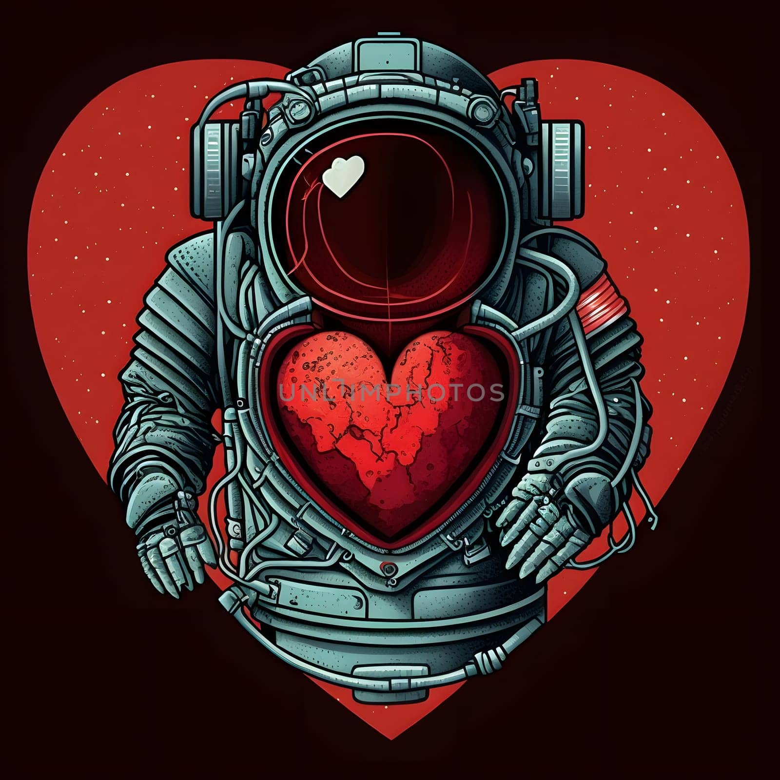 space suit with large red heart in center - nasa syle valentines day logo, neural network generated art. Digitally generated image. Not based on any actual scene or pattern.