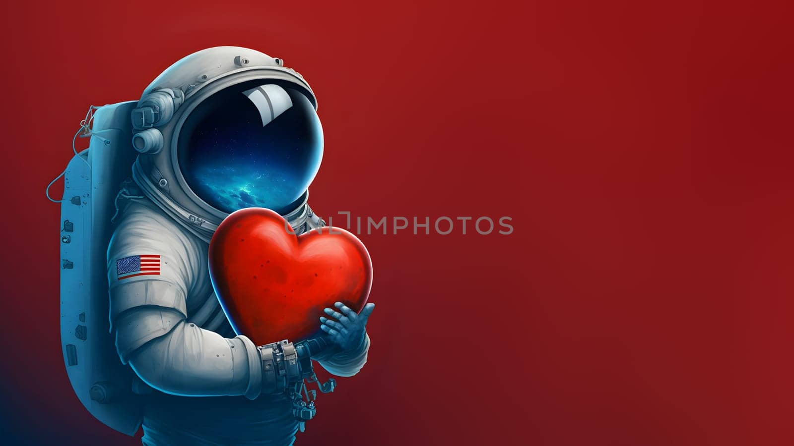 cosmonaut in space suit holding unknown red heart-shaped object, neural network generated art. Digitally generated image. Not based on any actual scene or pattern.