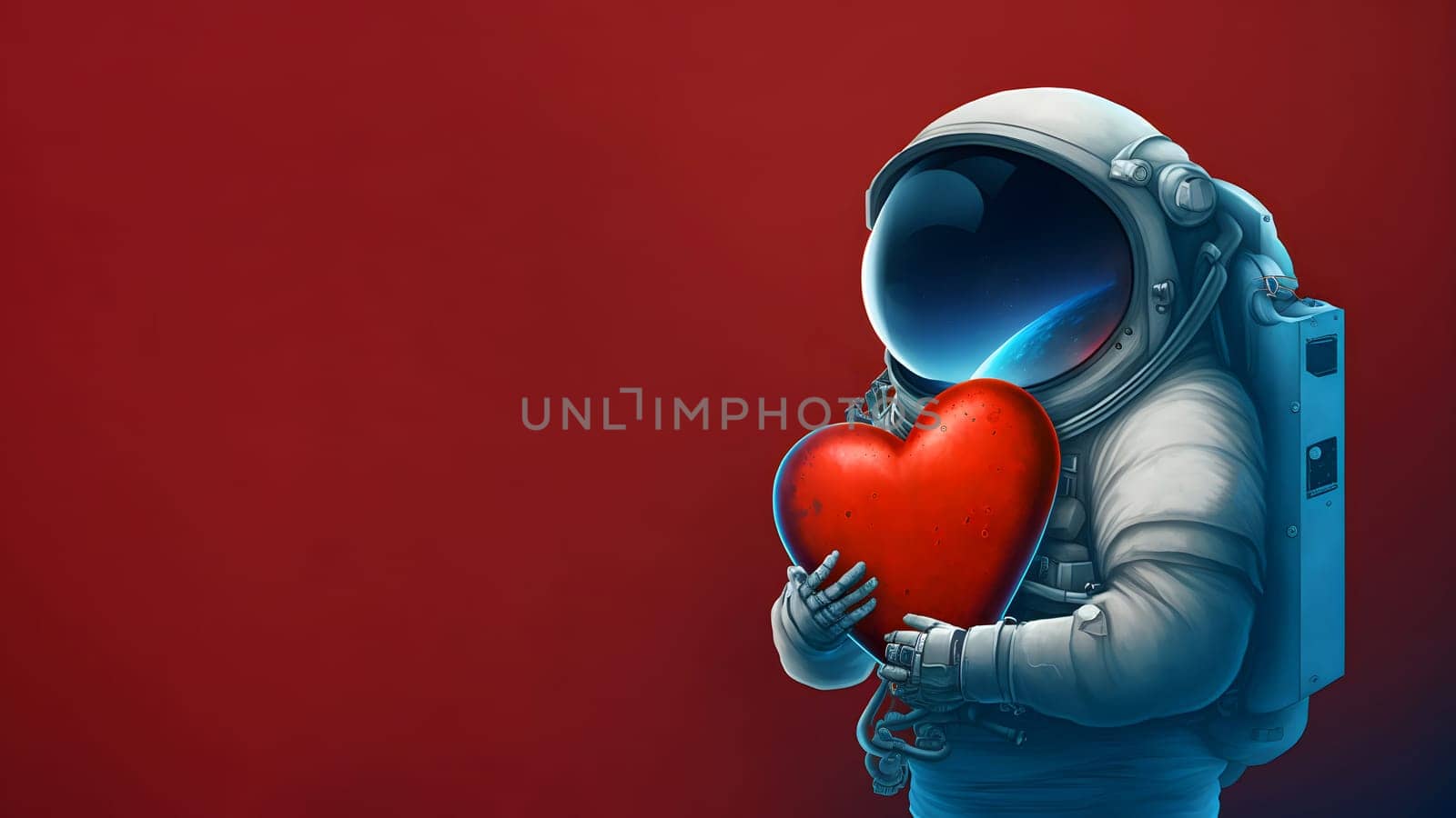 cosmonaut in space suit holding unknown red heart-shaped object, neural network generated art. Digitally generated image. Not based on any actual scene or pattern.