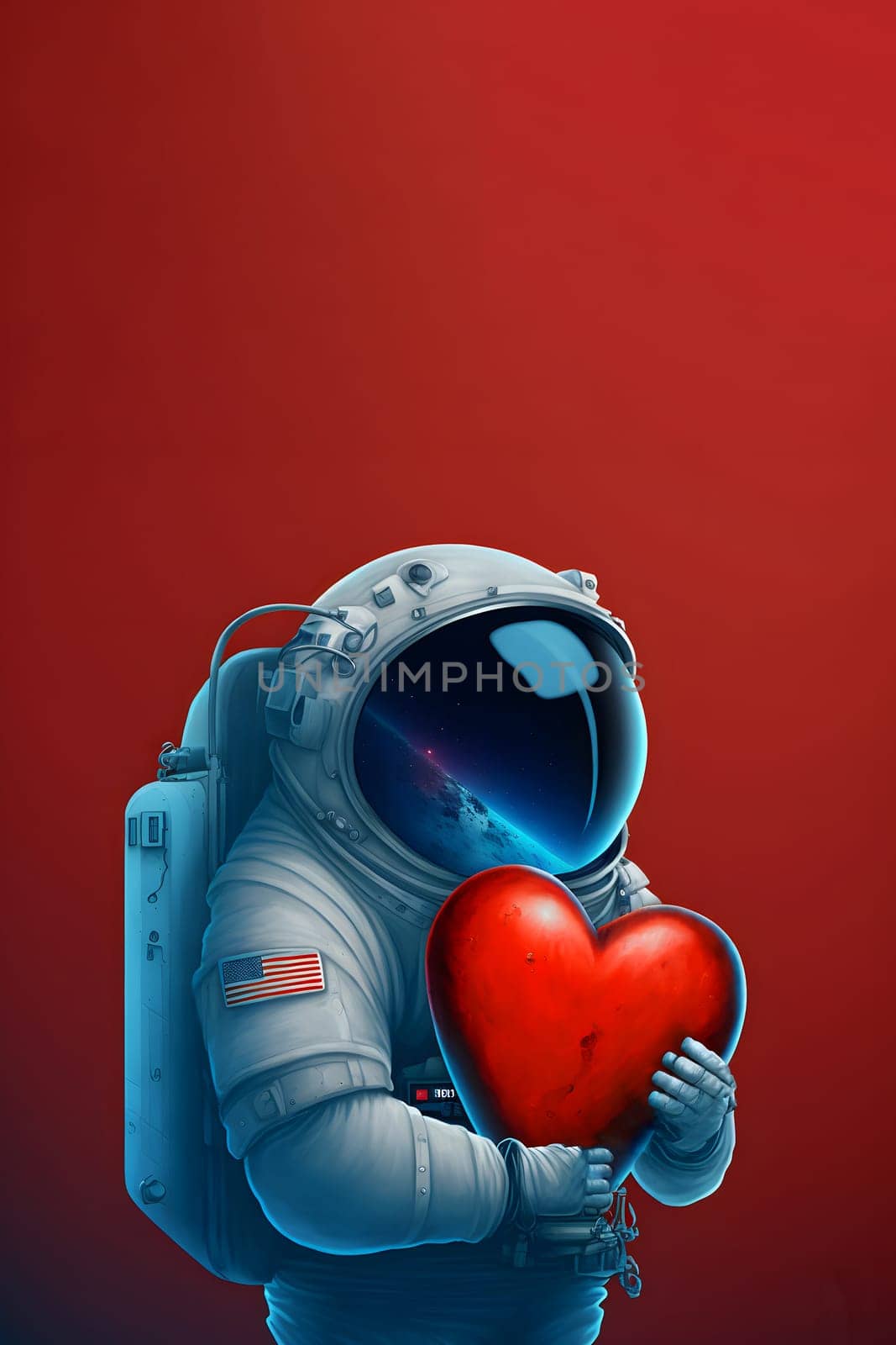 cosmonaut in space suit holding red heart, neural network generated art by z1b