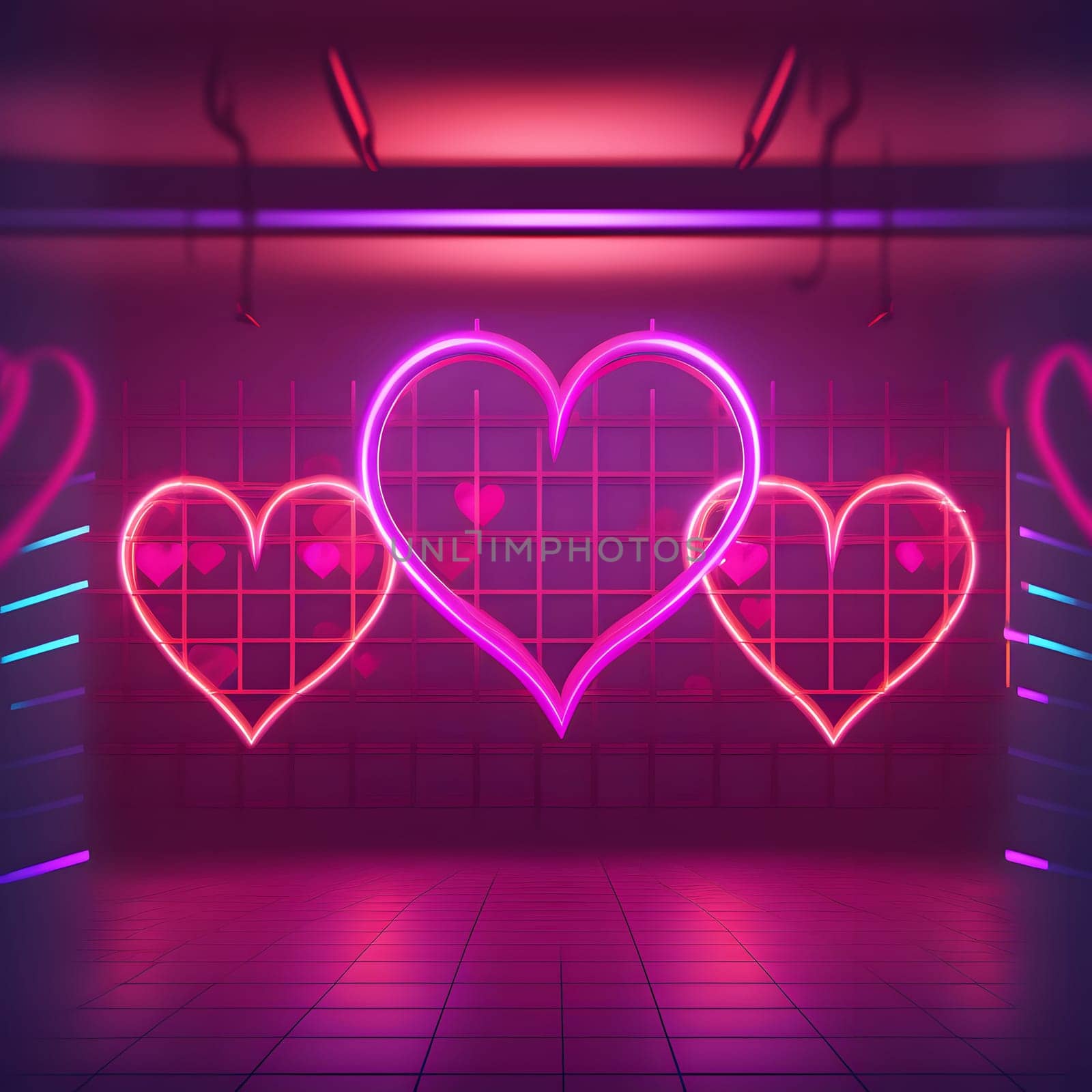 glowing neon hearts on the wall at night for valentines day, neural network generated art. Digitally generated image. Not based on any actual scene or pattern.