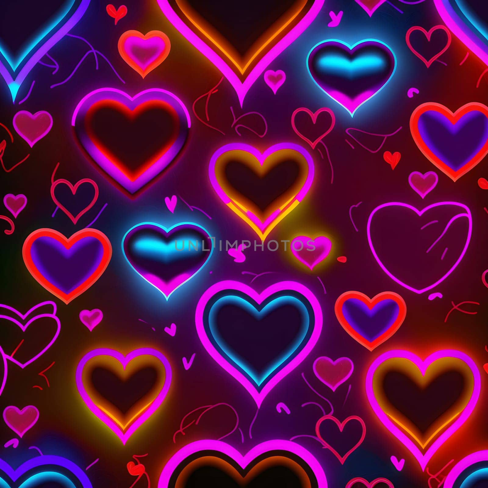 many glowing neon hearts for valentines day, neural network generated art by z1b