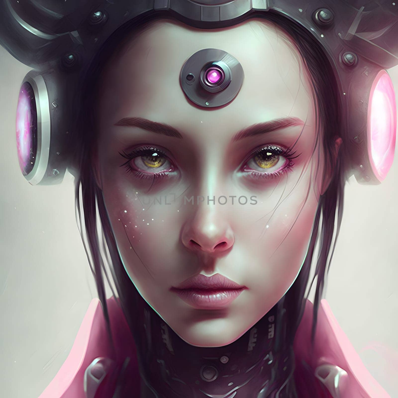 young caucasian woman in futuristic cybernetic helmet with headphones, neural network generated art by z1b