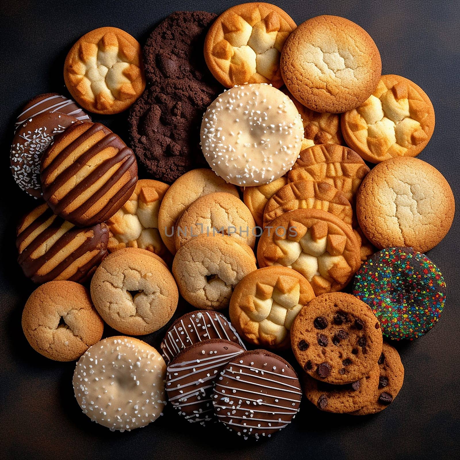 Assorted cookies with various toppings and flavors on dark background