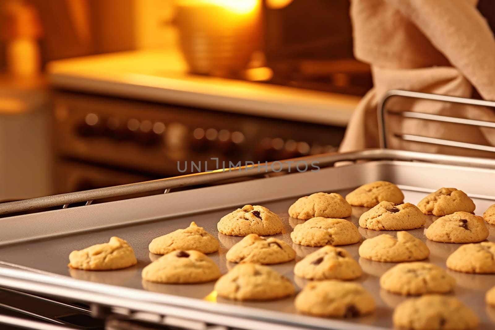 Freshly baked cookies on a baking sheet inside an oven, kitchen background
