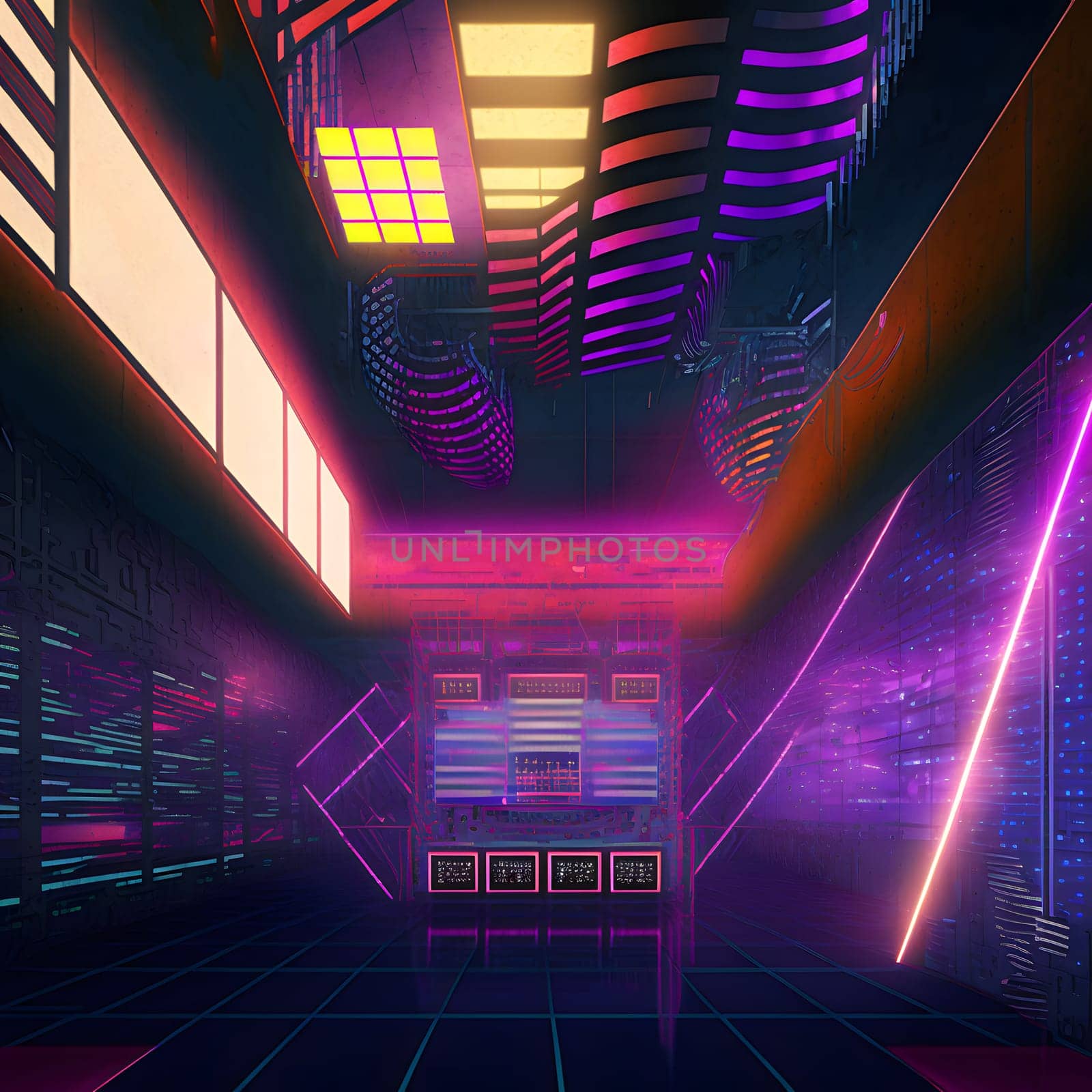 neon illuminated empty disco dance floor or futuristic mall, neural network generated art. Digitally generated image. Not based on any actual scene or pattern.