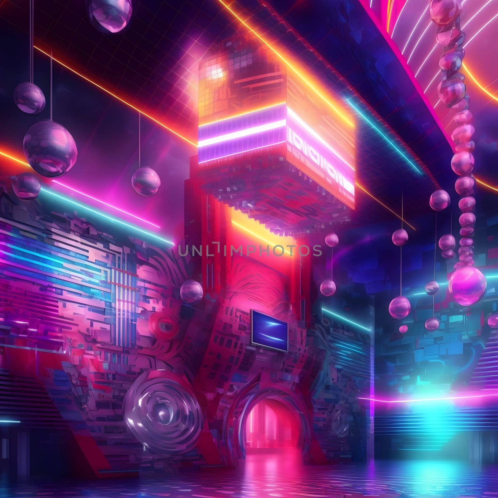 neon illuminated empty disco dance floor or futuristic mall, neural network generated art. Digitally generated image. Not based on any actual scene or pattern.