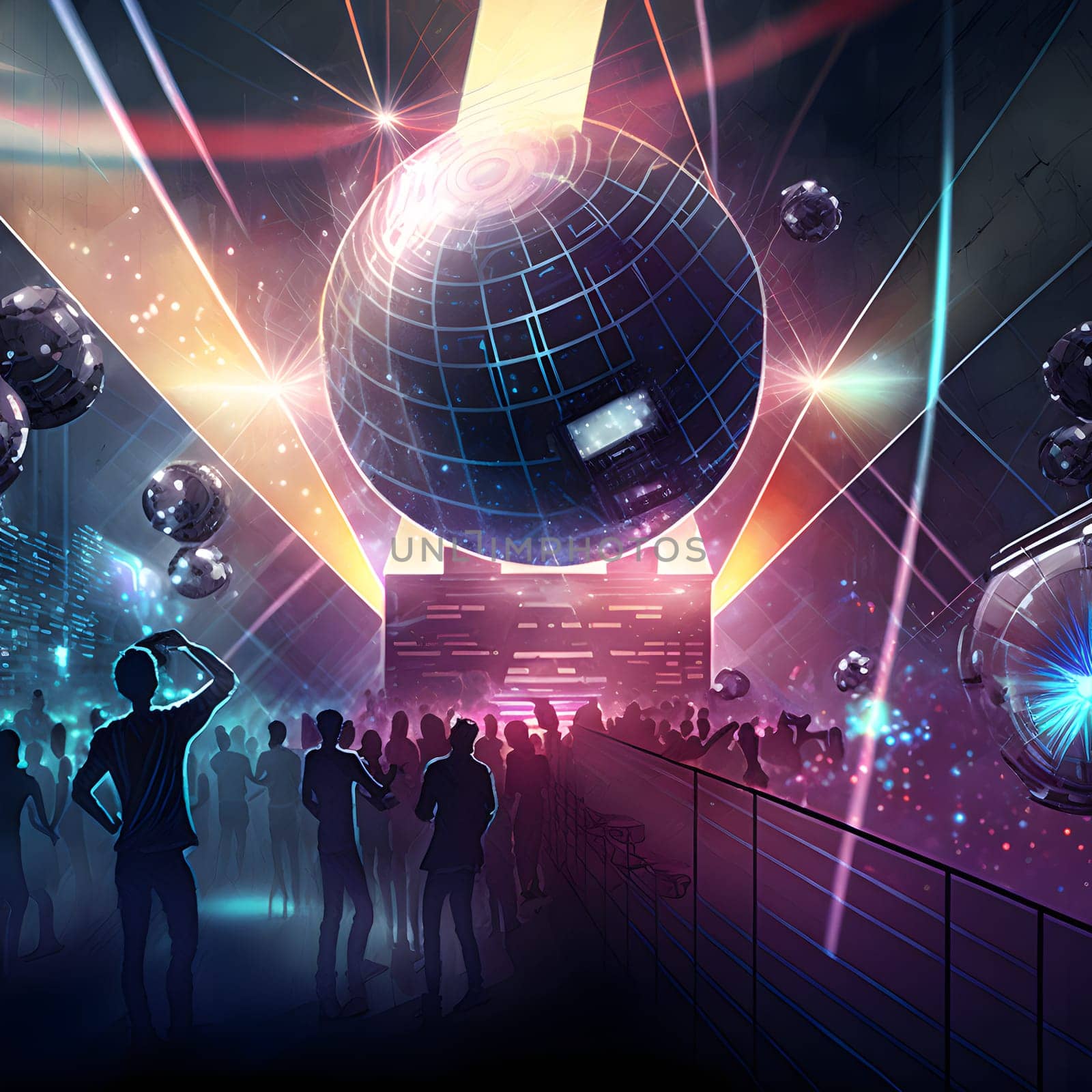 crowded dance floor in night club with large mirror ball, neural network generated art. Digitally generated image. Not based on any actual scene or pattern.