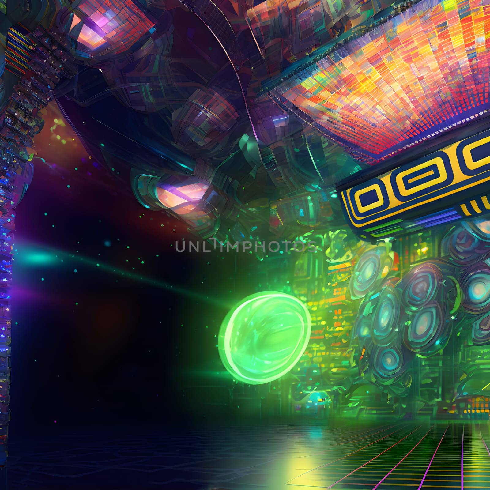 abstract empty disco club background with green glowing ball, neural network generated art. Digitally generated image. Not based on any actual scene or pattern.