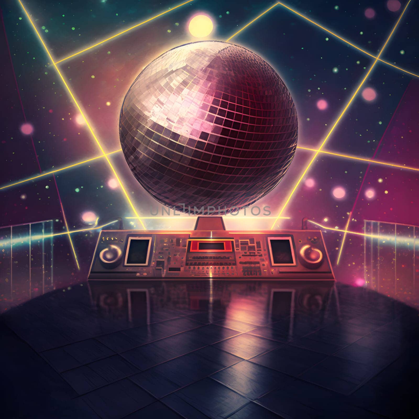 neon disco background - empty dance floor with dj console and large mirror ball, neural network generated art. Digitally generated image. Not based on any actual scene or pattern.