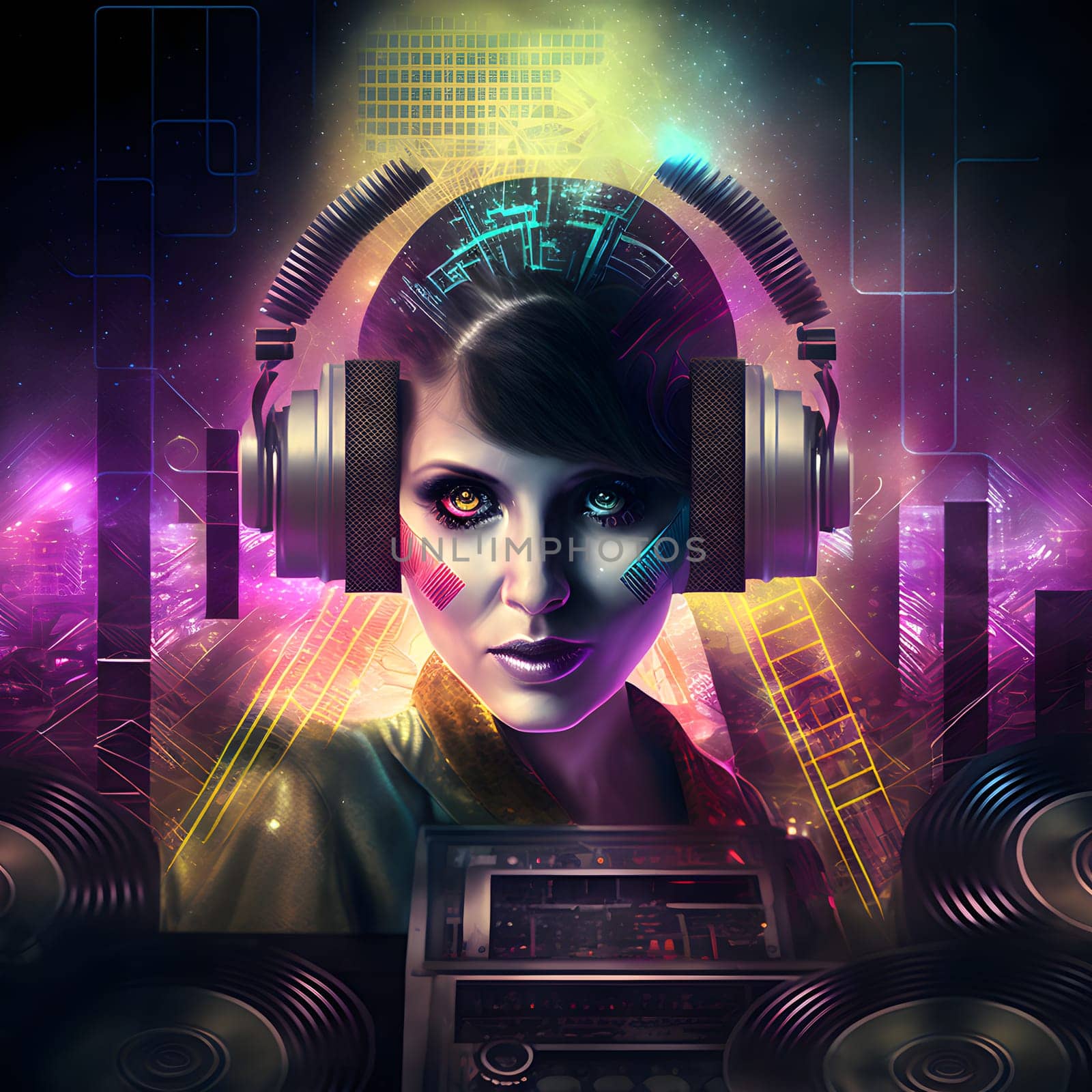 grotesque disco diva DJ head portrait with electronic hair style and headphones, neural network generated art by z1b