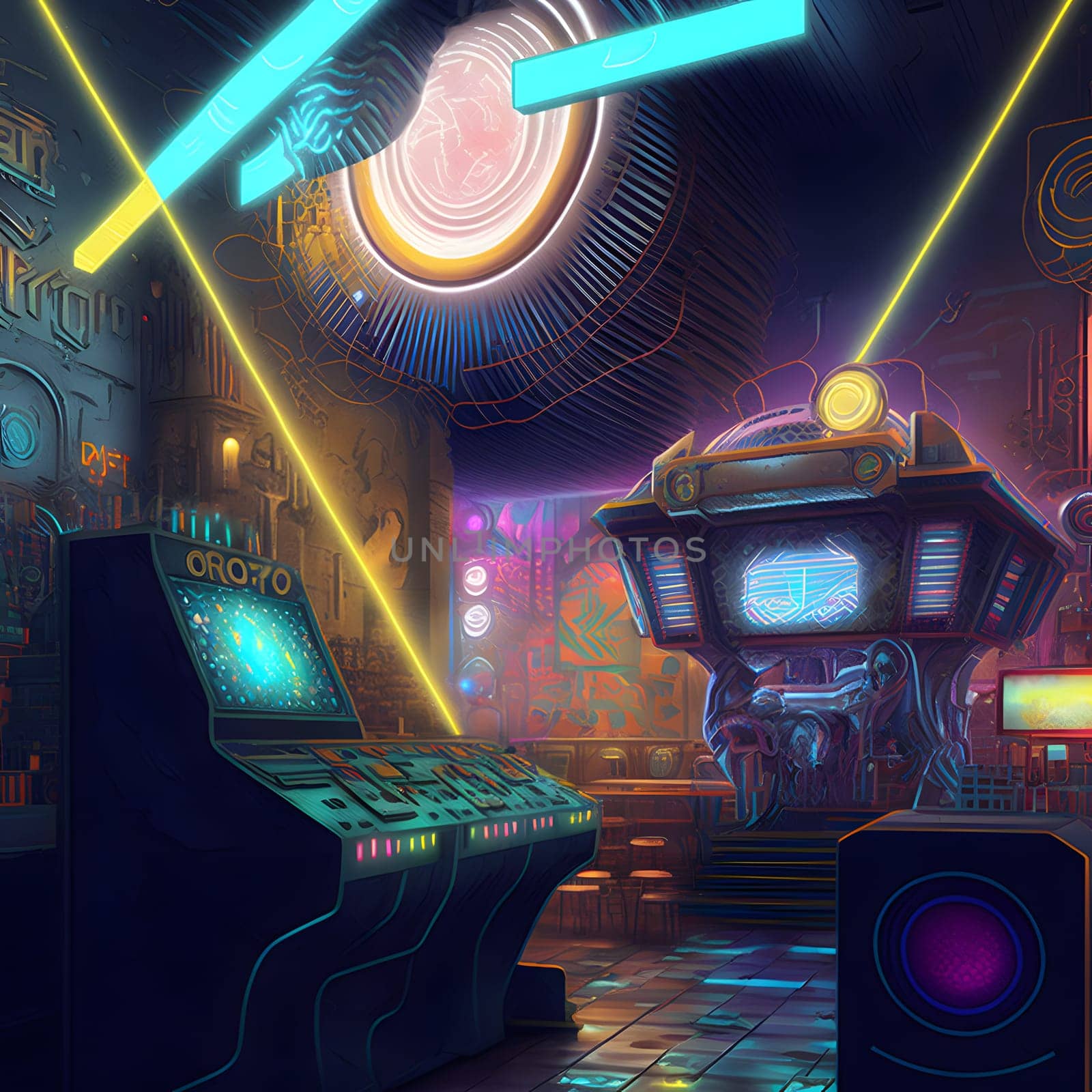 neon illuminated futuristic mall or arcade club, neural network generated art. Digitally generated image. Not based on any actual scene or pattern.