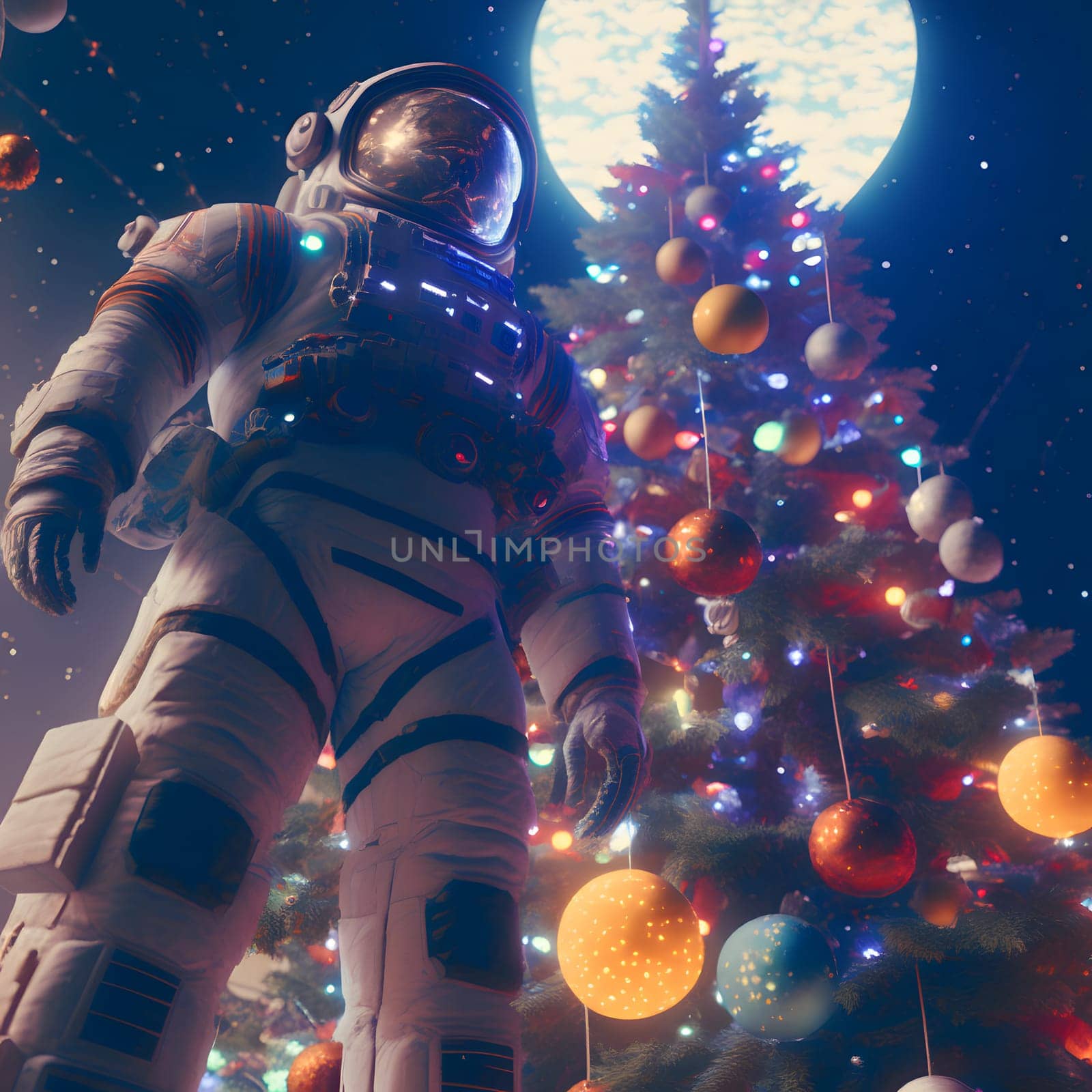 astronaut in white space suit stands next to a christmas tree decorated with planets, low angle shot, neural network generated art. Digitally generated image. Not based on any actual scene or pattern.