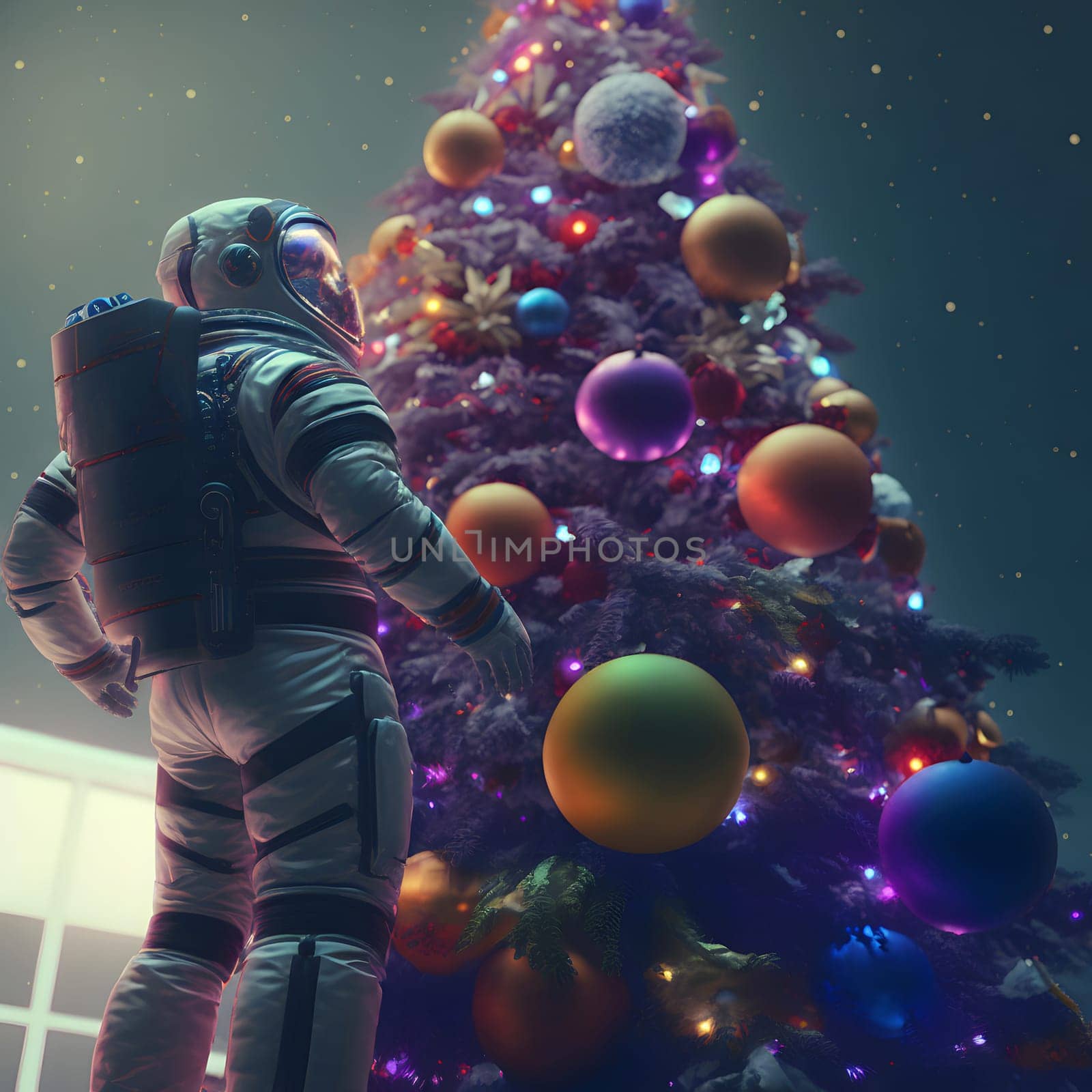 astronaut stands next to a christmas tree decorated with planets, low angle shot, neural network generated art by z1b