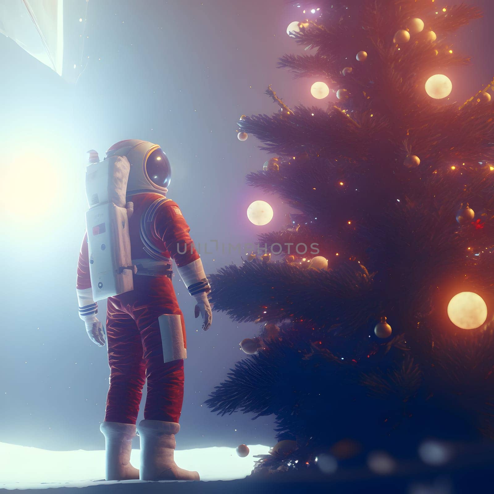 astronaut stands next to a christmas tree decorated with planets, low angle shot, neural network generated art by z1b