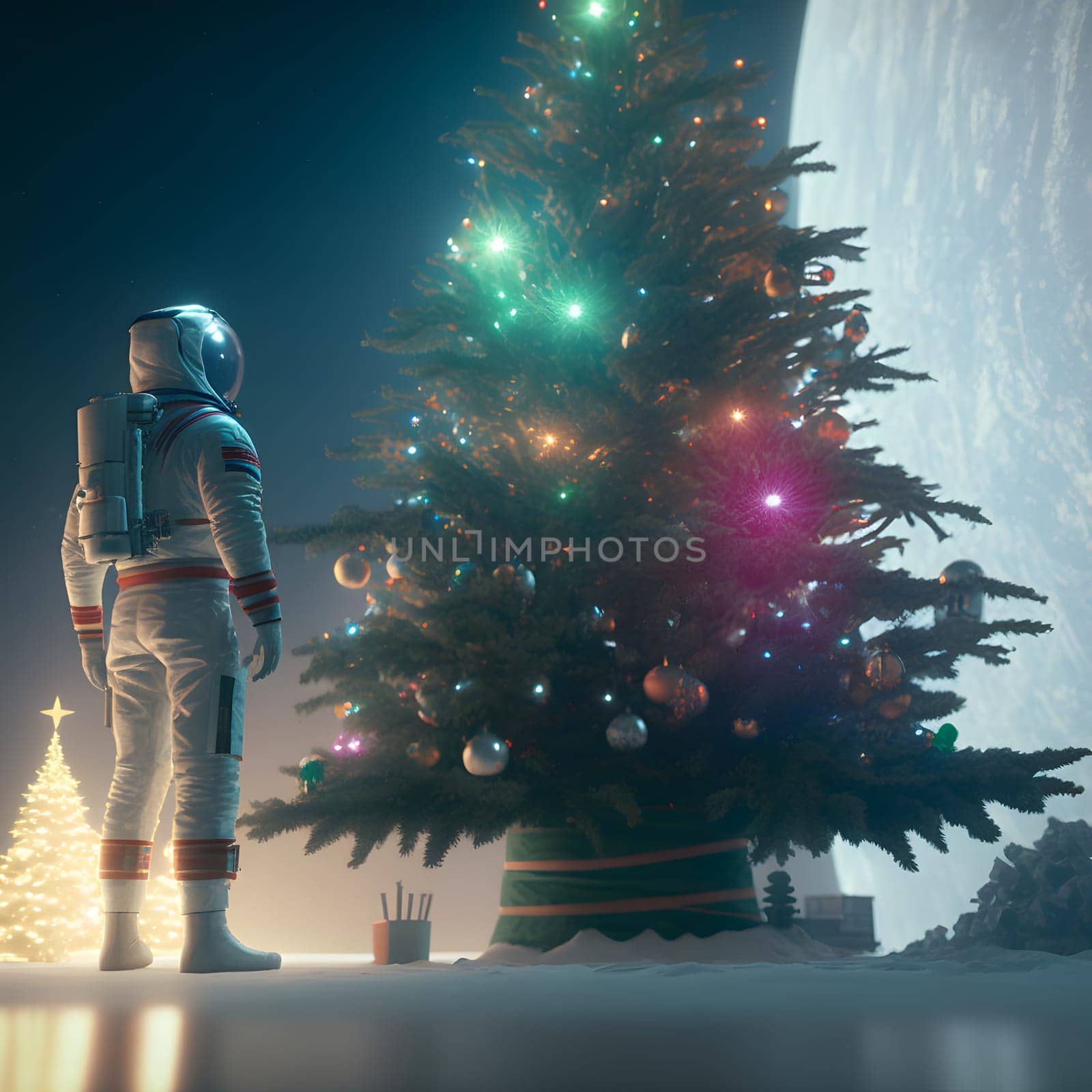astronaut in white space suit stands next to a christmas tree decorated with planets, low angle shot, neural network generated art. Digitally generated image. Not based on any actual scene or pattern.