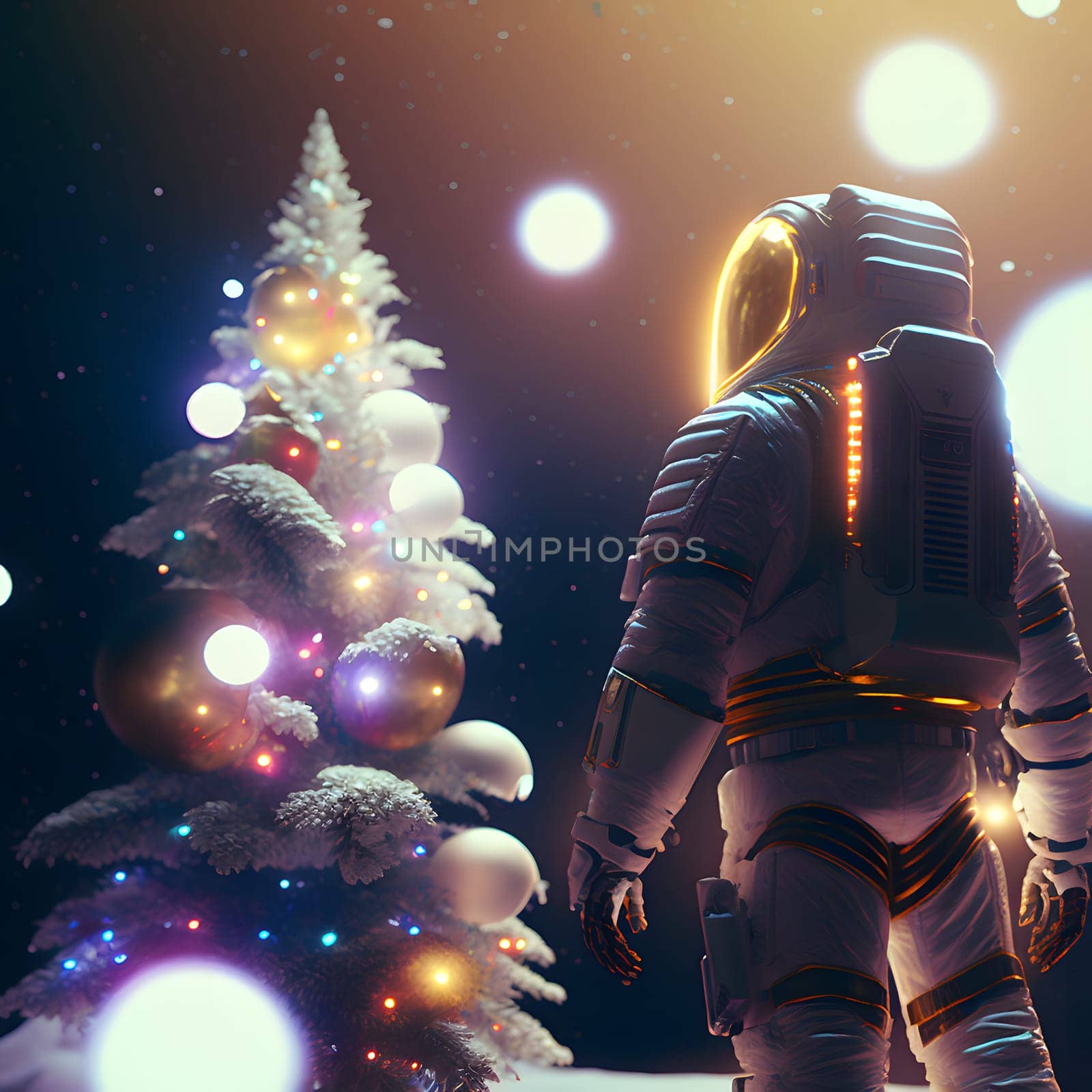 astronaut in white space suit stands next to a christmas tree decorated with planets, low angle shot, neural network generated art. Digitally generated image. Not based on any actual scene or pattern.