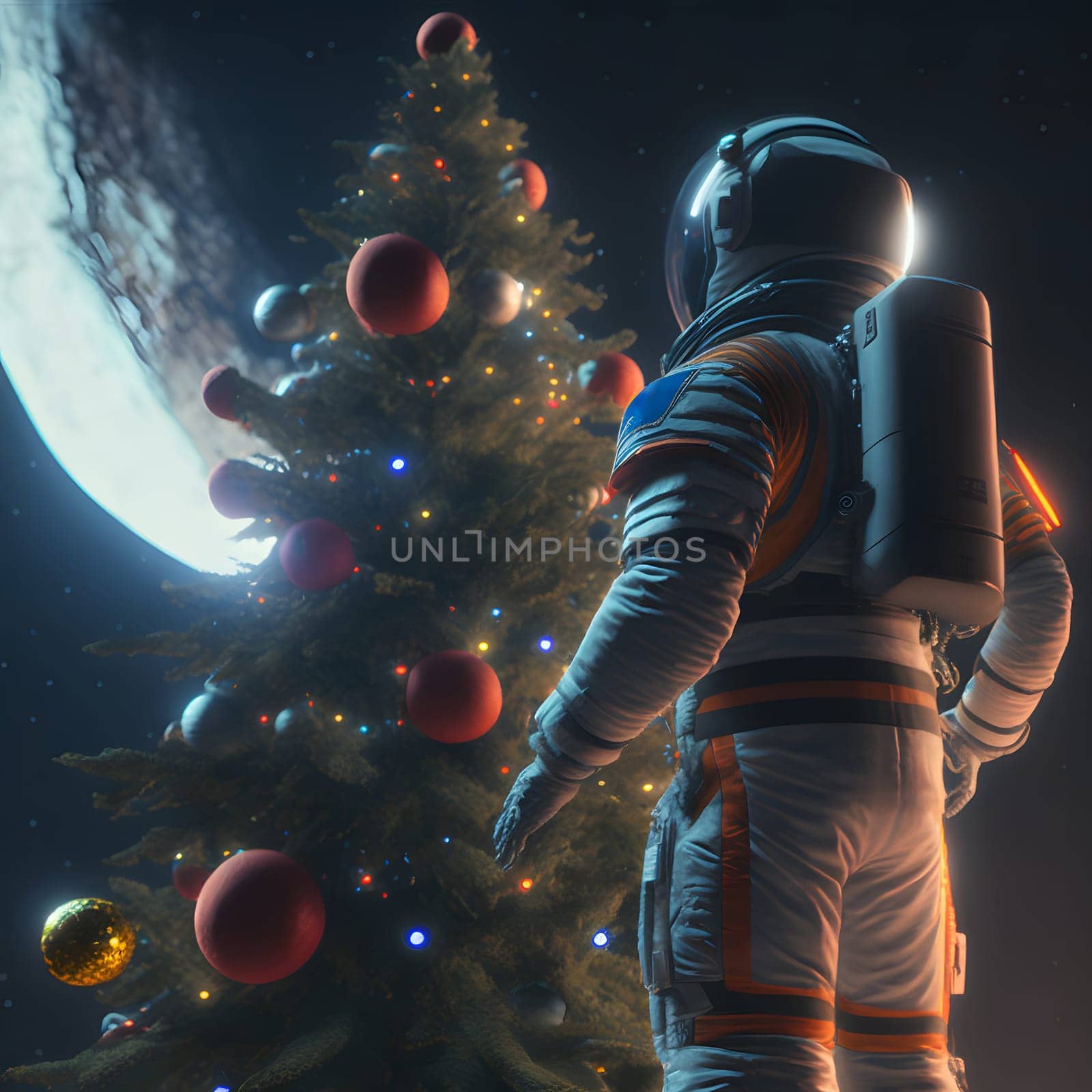 astronaut in white space suit stands next to a christmas tree decorated with planets, low angle shot, neural network generated art. Digitally generated image. Not based on any actual scene or pattern.