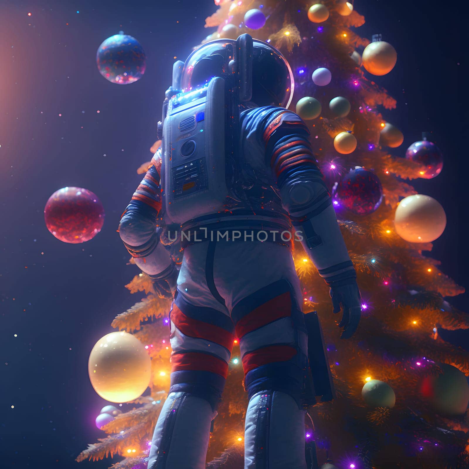 astronaut in white space suit stands next to a christmas tree decorated with planets, low angle shot, neural network generated art. Digitally generated image. Not based on any actual scene or pattern.