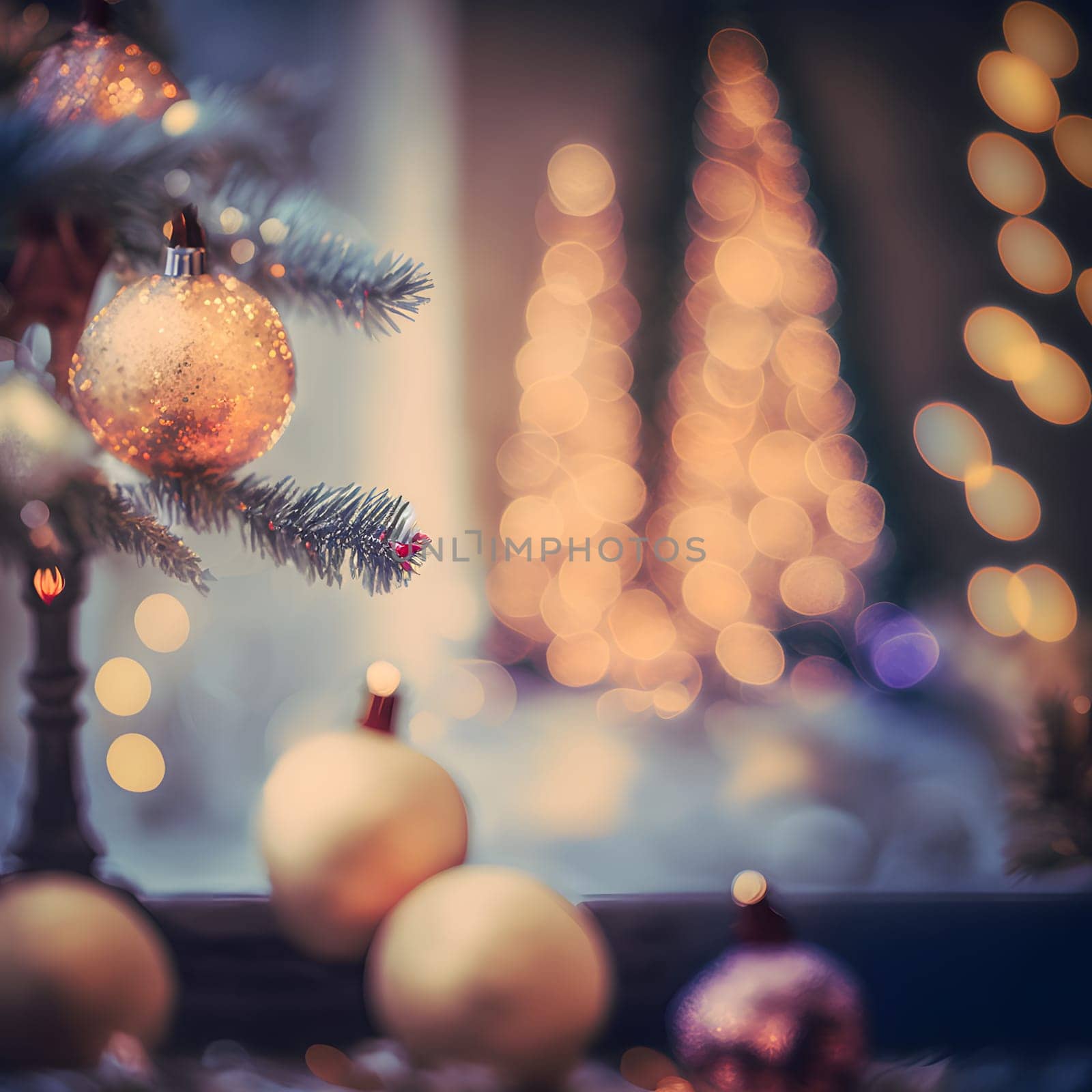 christmas background with decorated fir tree - closeup with selective focus, neural network generated art. Digitally generated image. Not based on any actual scene or pattern.