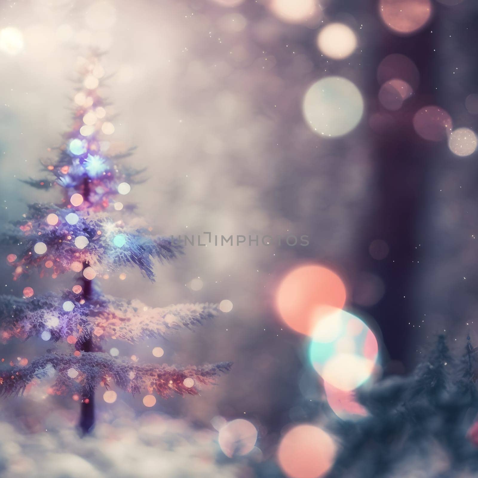 christmas background with decorated fir tree - closeup with selective focus, neural network generated art. Digitally generated image. Not based on any actual scene or pattern.