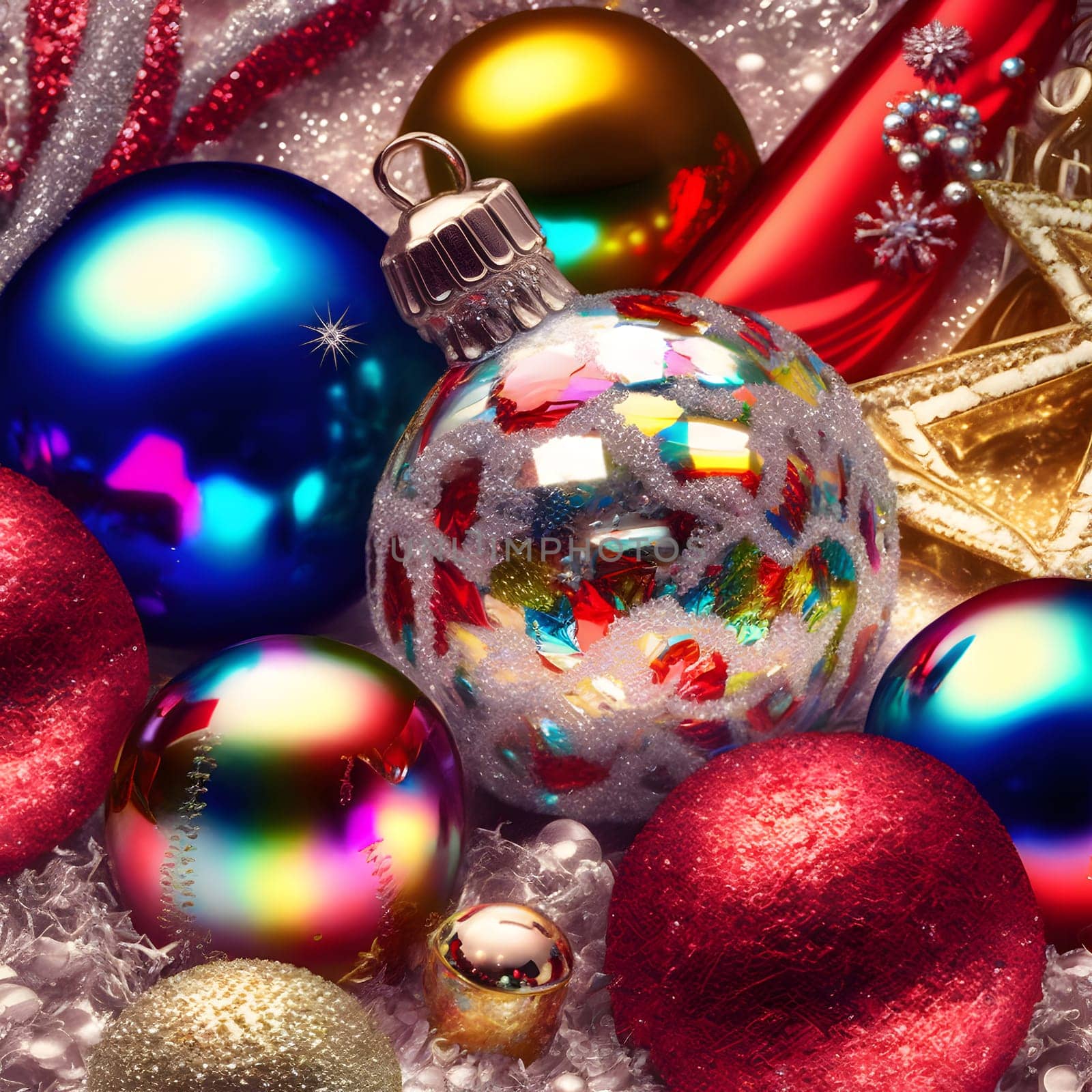 colorful christmas balls close full-frame background, neural network generated art. Digitally generated image. Not based on any actual scene or pattern.