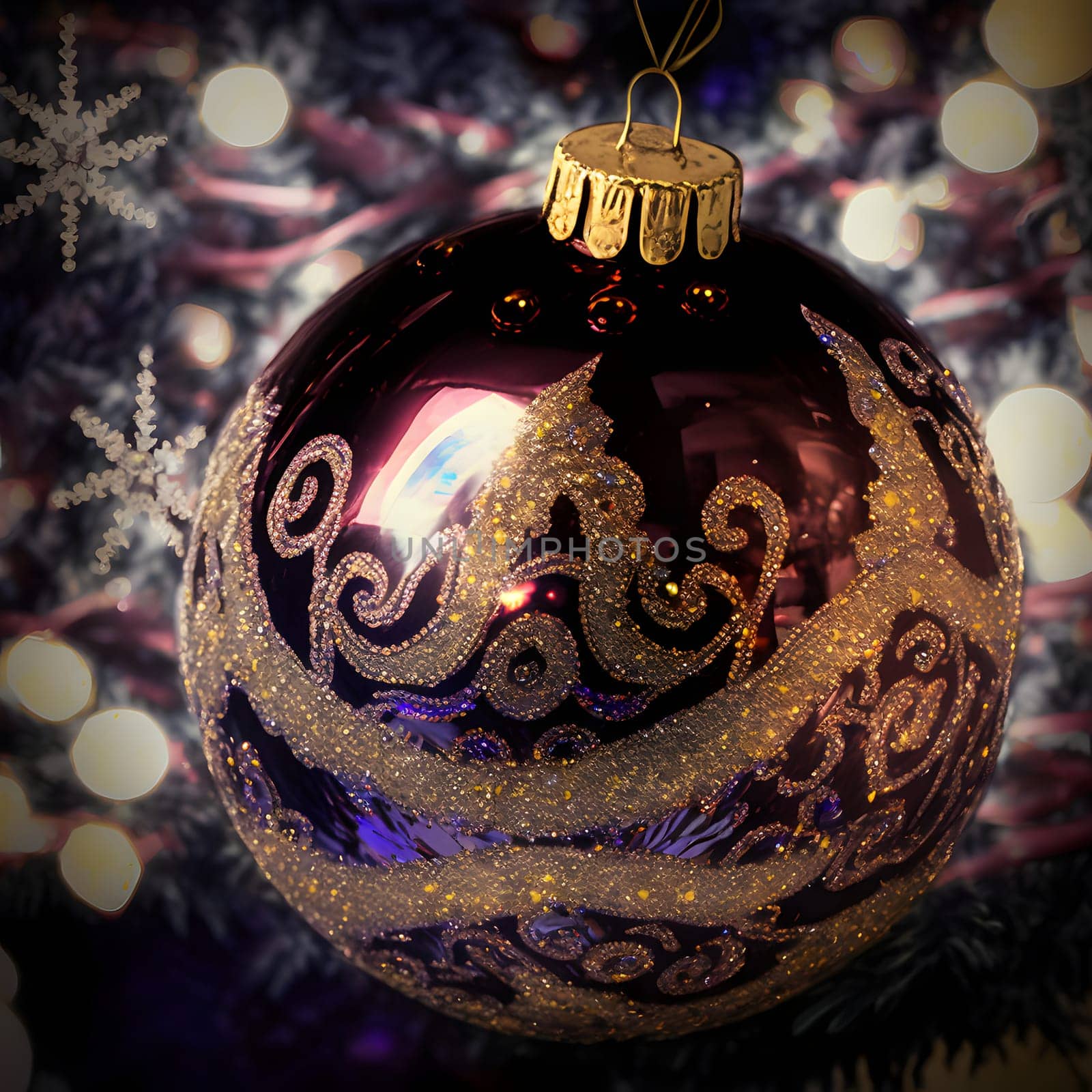 closeup of ornate magenta christmas ball, neural network generated art. Digitally generated image. Not based on any actual scene or pattern.