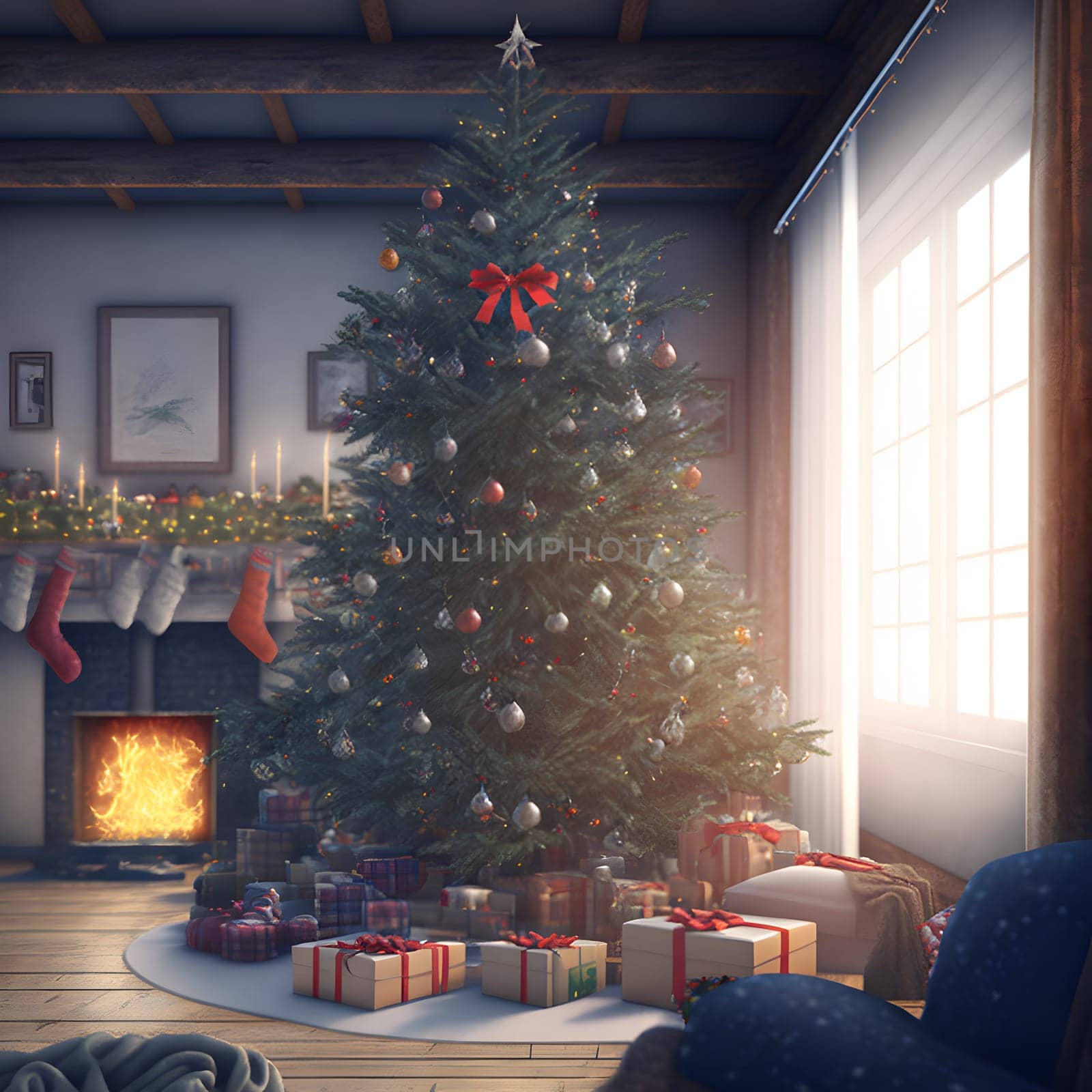 decorated christmas tree with gifts underneath in cozy domestic interior, neural network generated art. Digitally generated image. Not based on any actual scene or pattern.