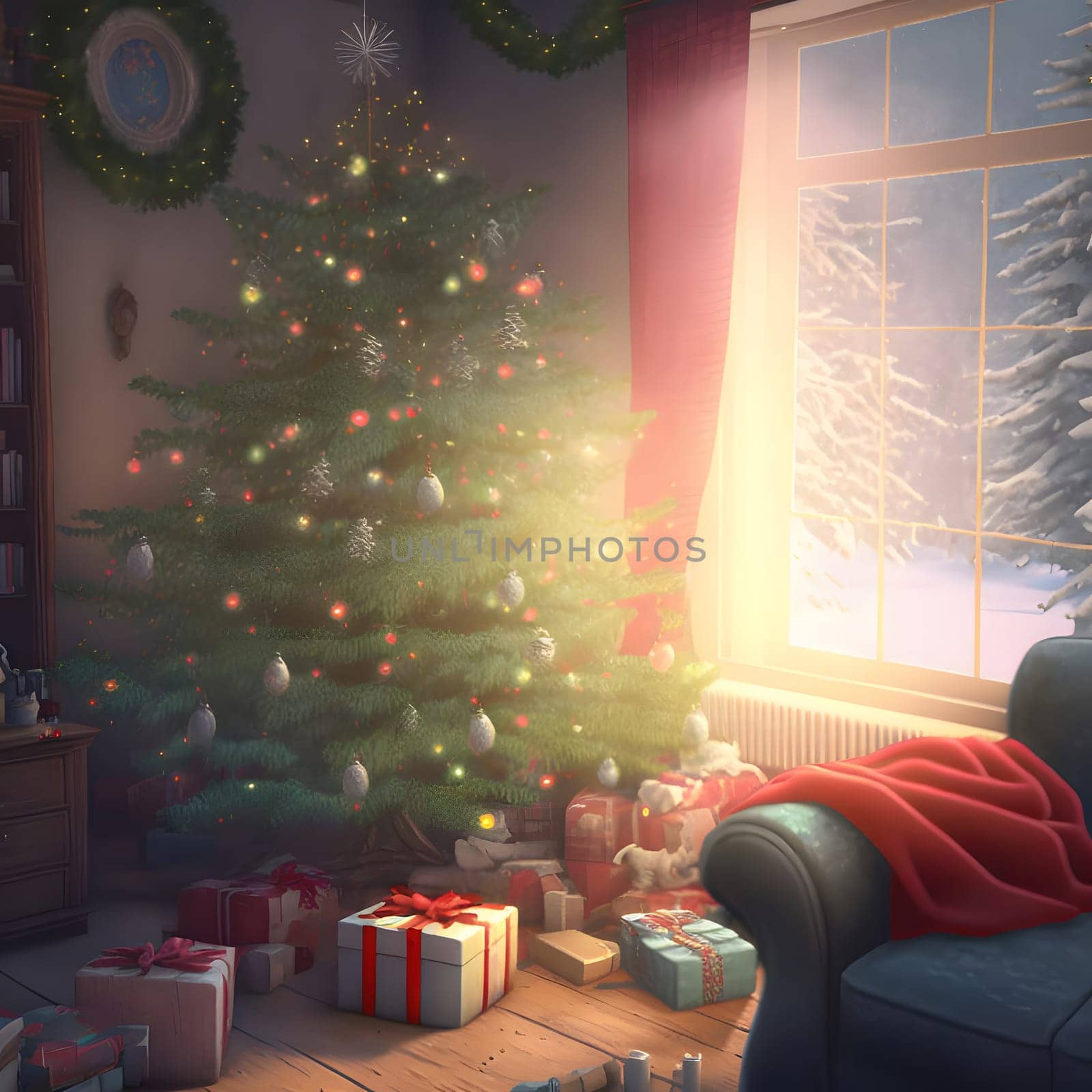 decorated christmas tree with gifts underneath in cozy domestic interior, neural network generated art. Digitally generated image. Not based on any actual scene or pattern.