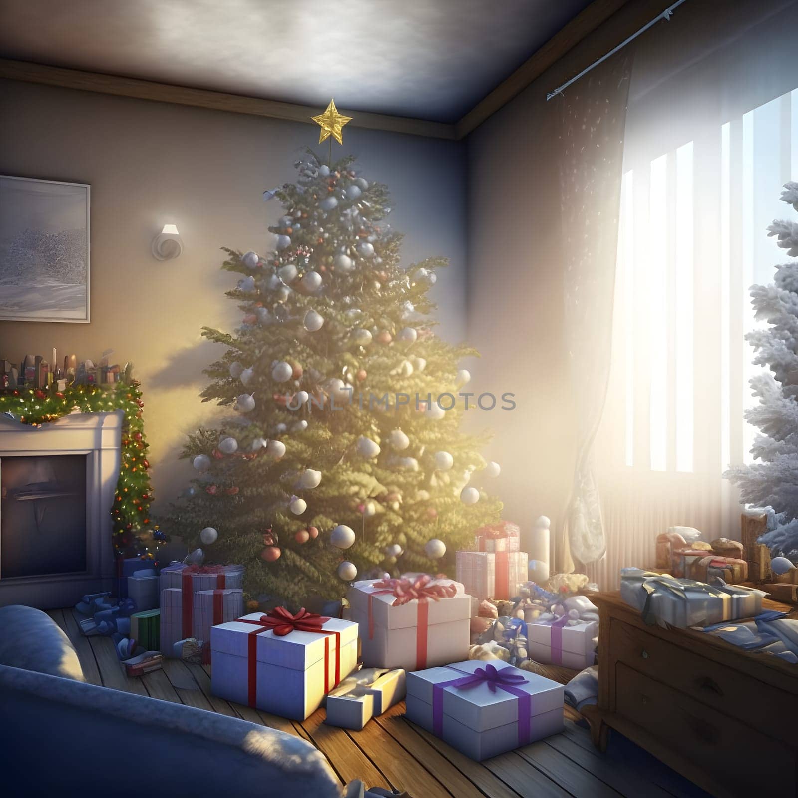 decorated christmas tree with gifts underneath in cozy domestic interior, neural network generated art. Digitally generated image. Not based on any actual scene or pattern.