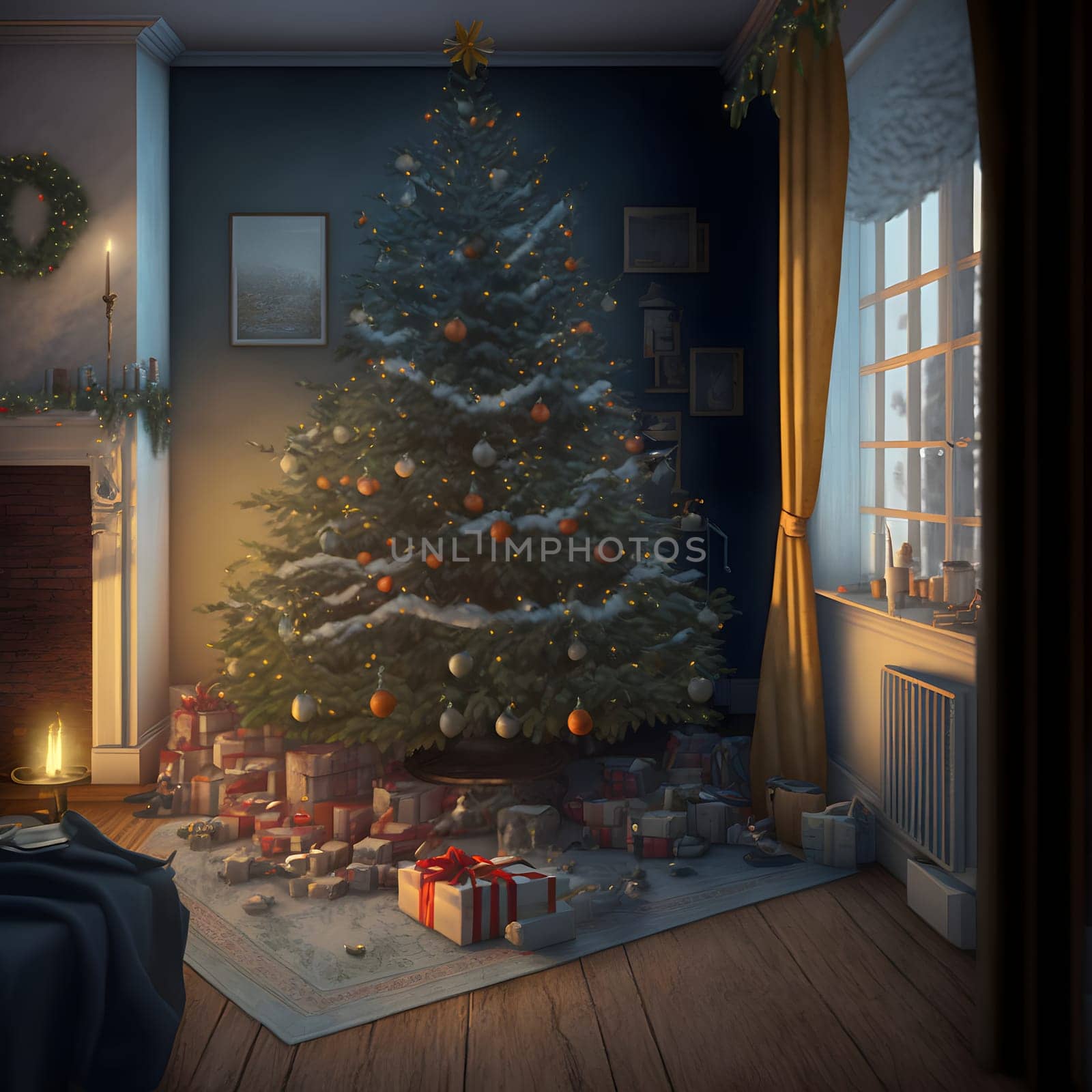 decorated christmas tree with gifts underneath in cozy domestic interior, neural network generated art. Digitally generated image. Not based on any actual scene or pattern.